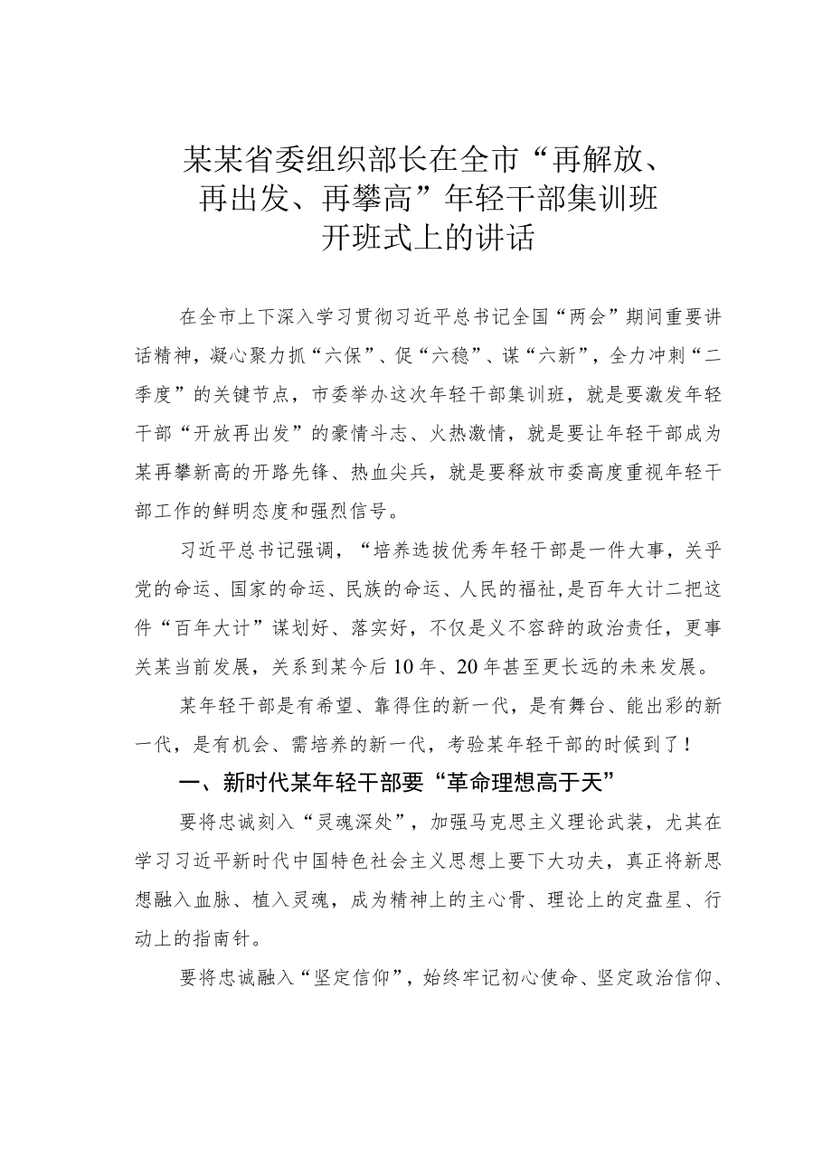 某某省委组织部长在全市“再解放、再出发、再攀高”年轻干部集训班开班式上的讲话.docx_第1页