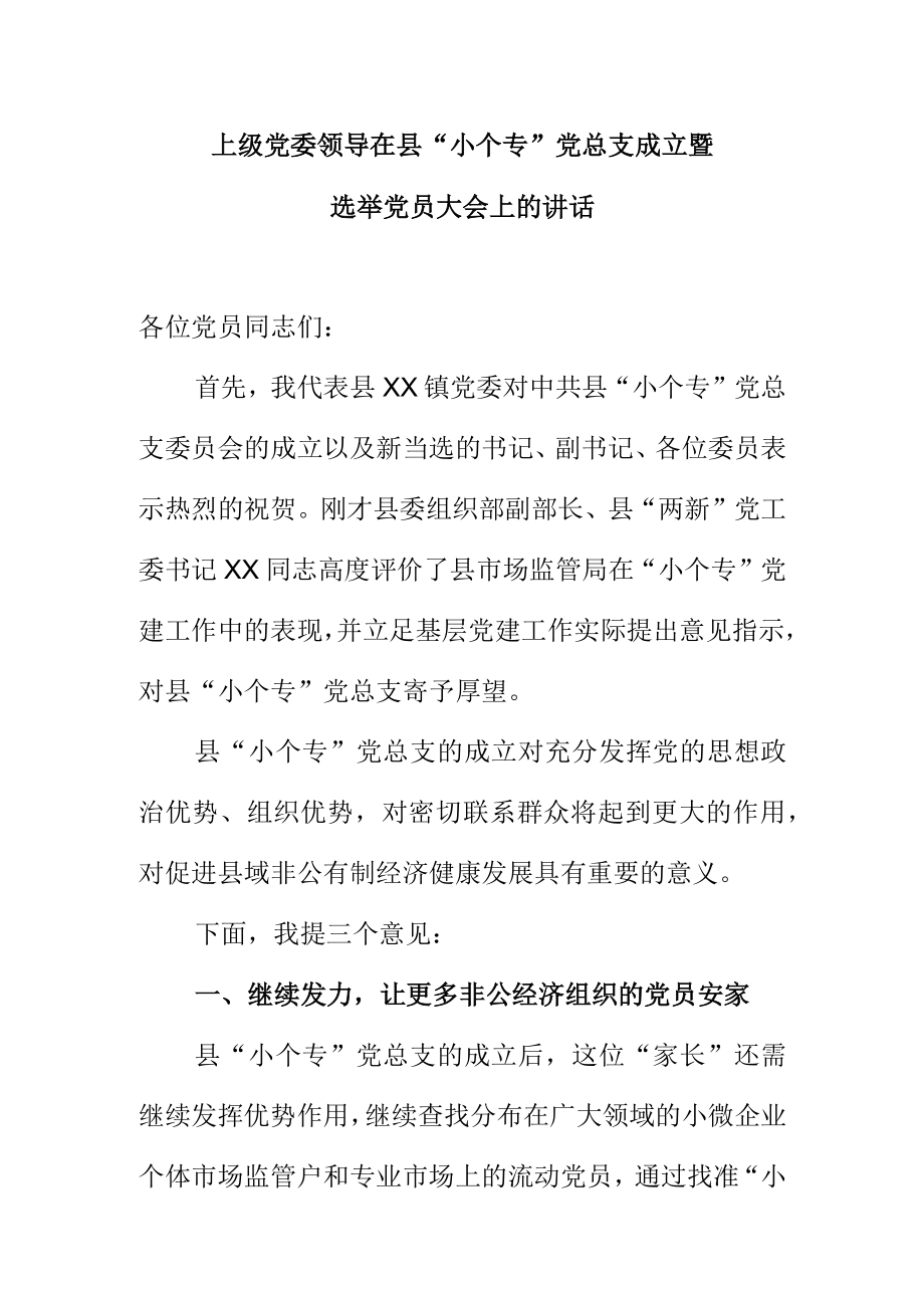 上级党委领导在县“小个专”党总支成立暨选举党员大会上的讲话.docx_第1页