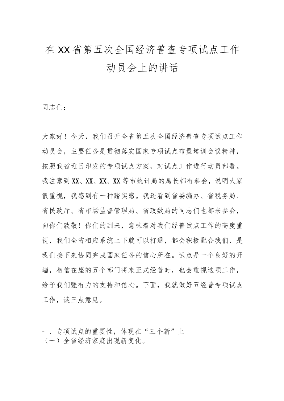 在XX省第五次全国经济普查专项试点工作动员会上的讲话.docx_第1页