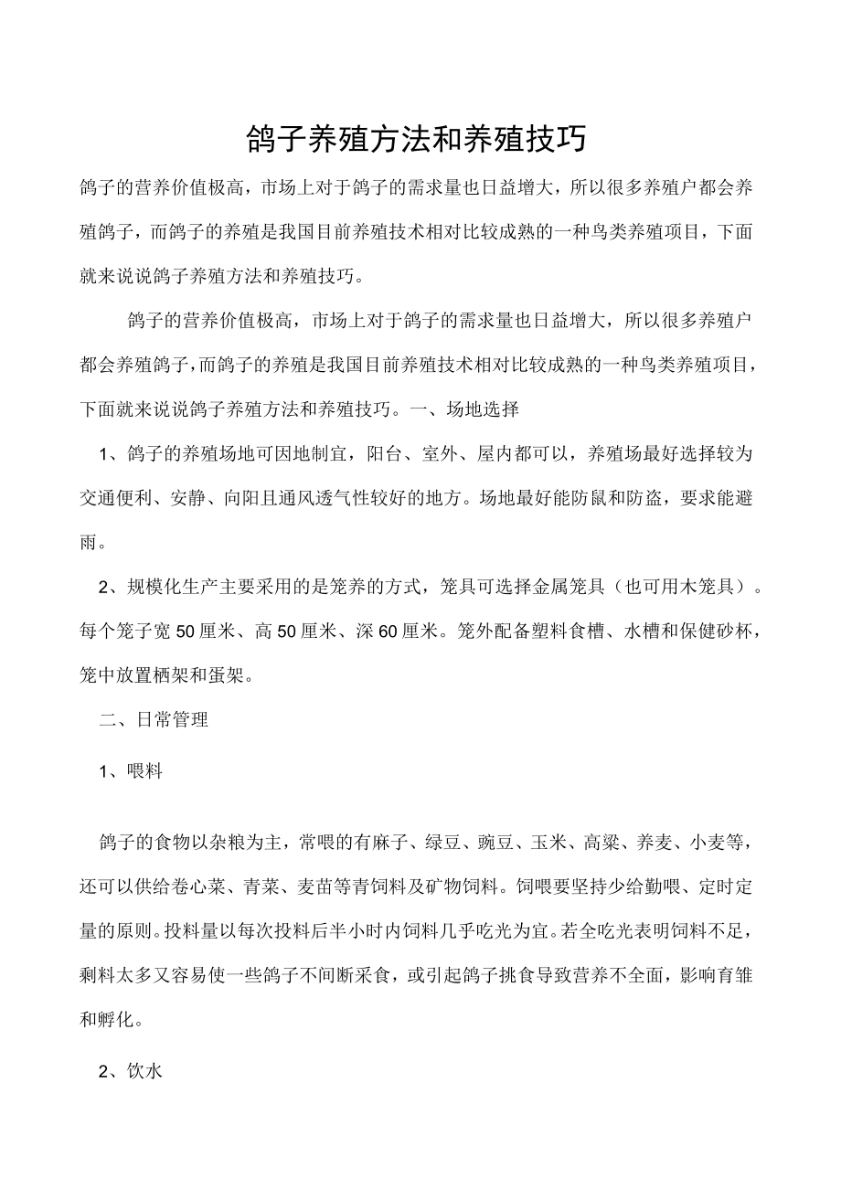 鸽子养殖方法和养殖技巧.docx_第1页