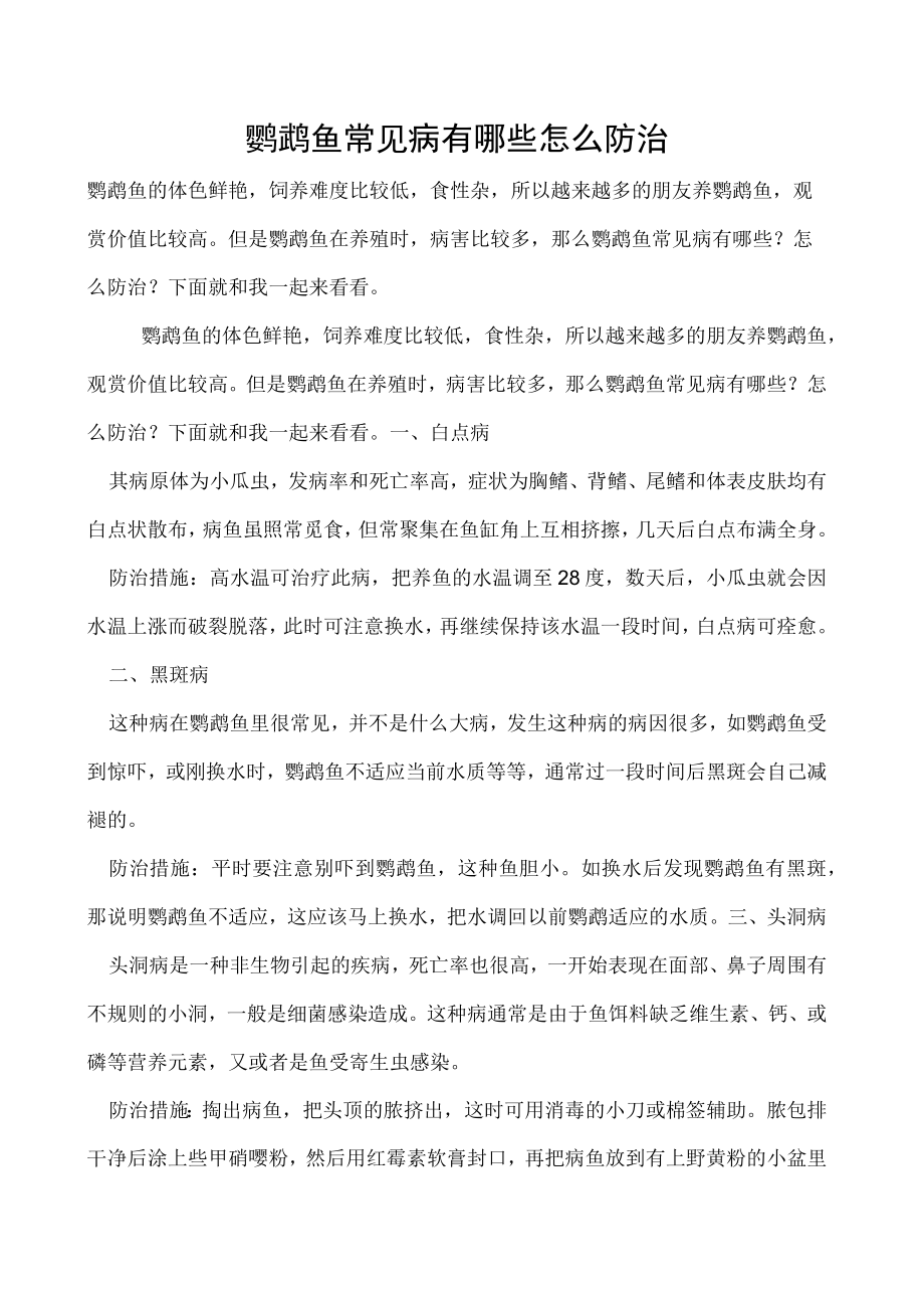 鹦鹉鱼常见病有哪些怎么防治.docx_第1页