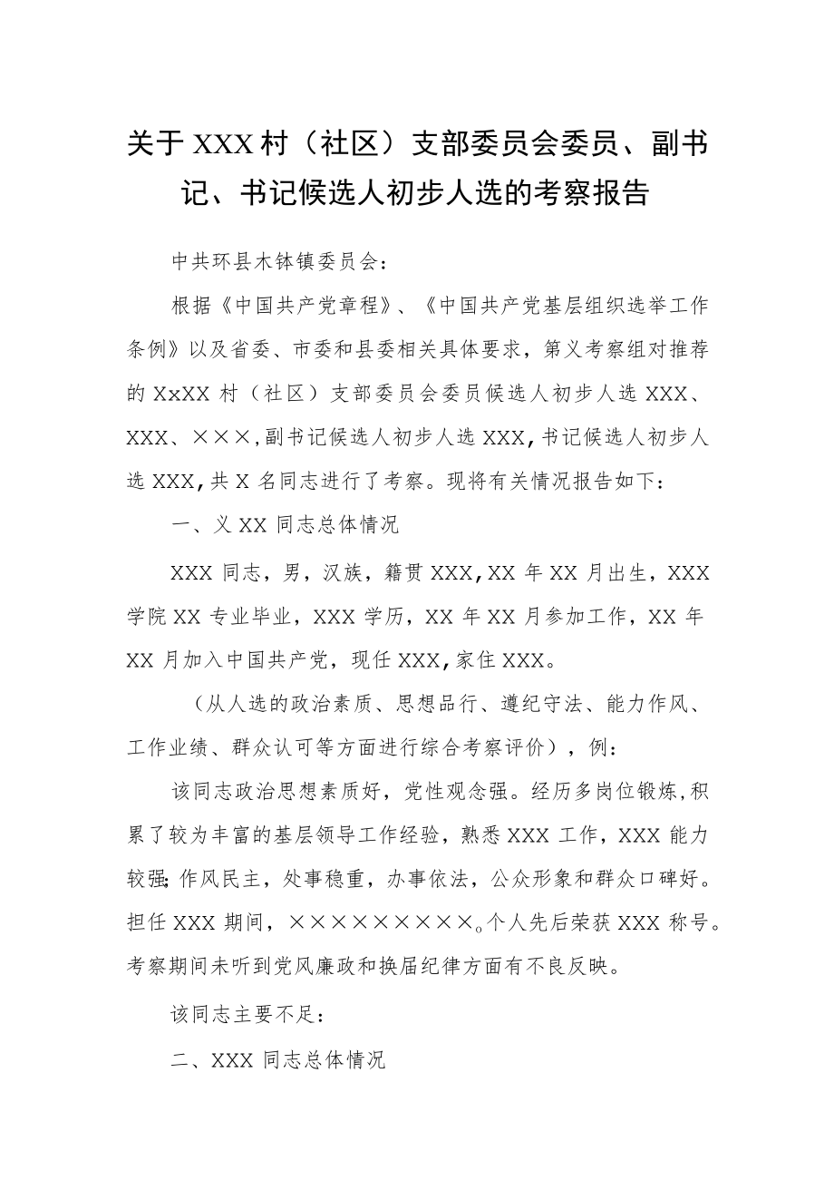 关于村（社区）支部委员会委员、副书记、书记候选人初步人选的考察报告.docx_第1页