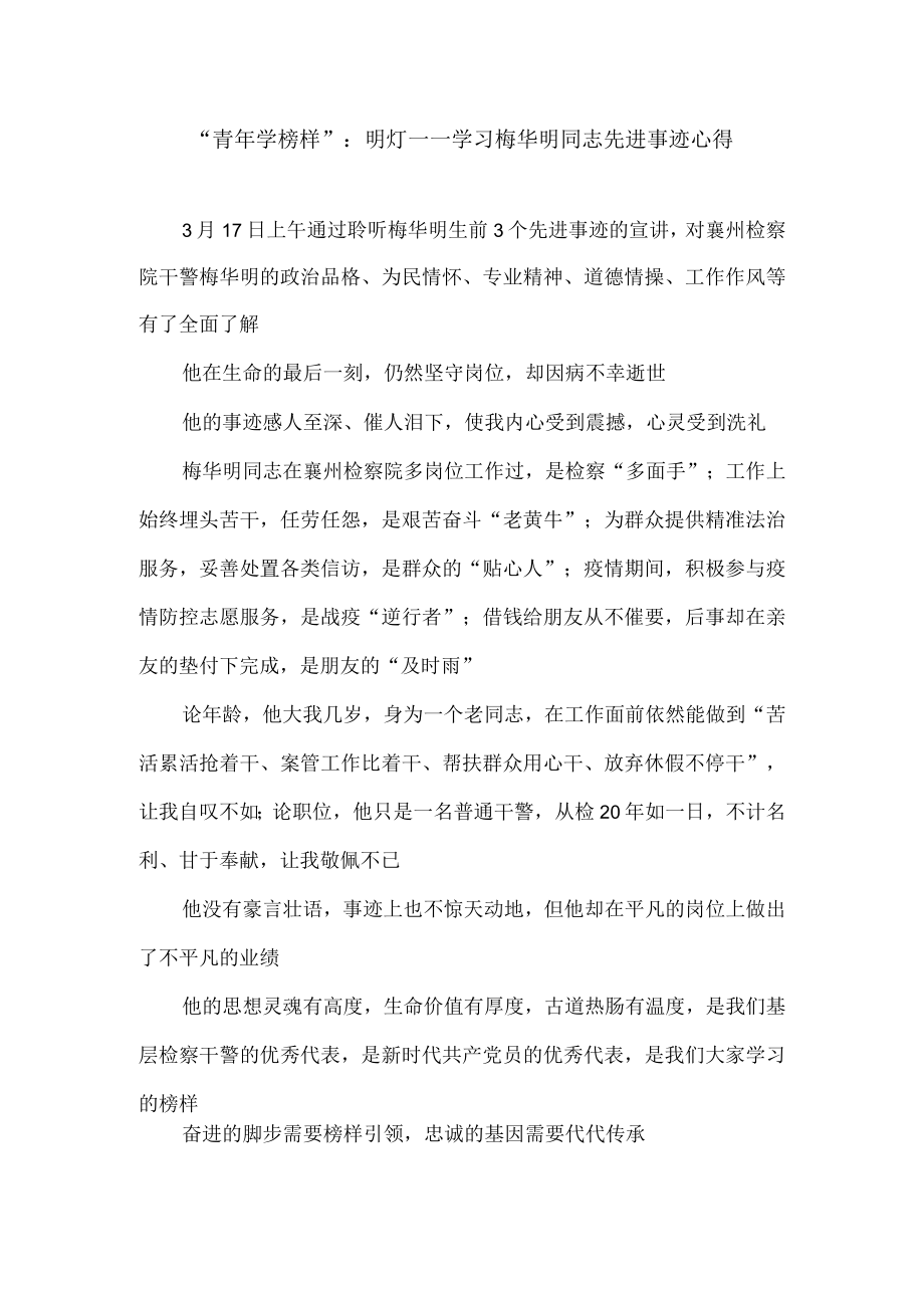 “青年学榜样”：明灯——学习梅华明同志先进事迹心得.docx_第1页