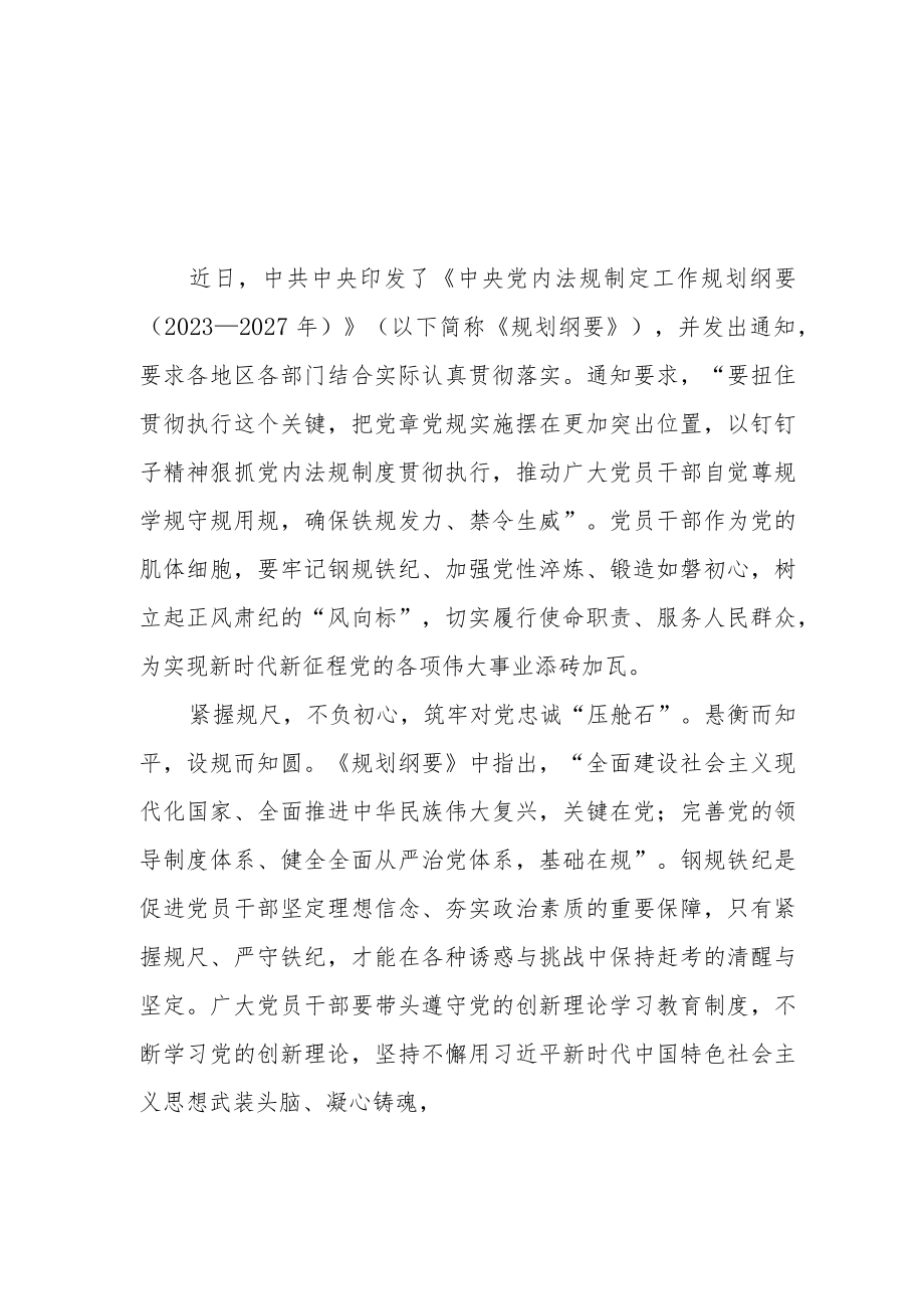 深入学习《中央党内法规制定工作规划纲要（2023－2027年）》心得体会研讨发言材料3篇.docx_第1页