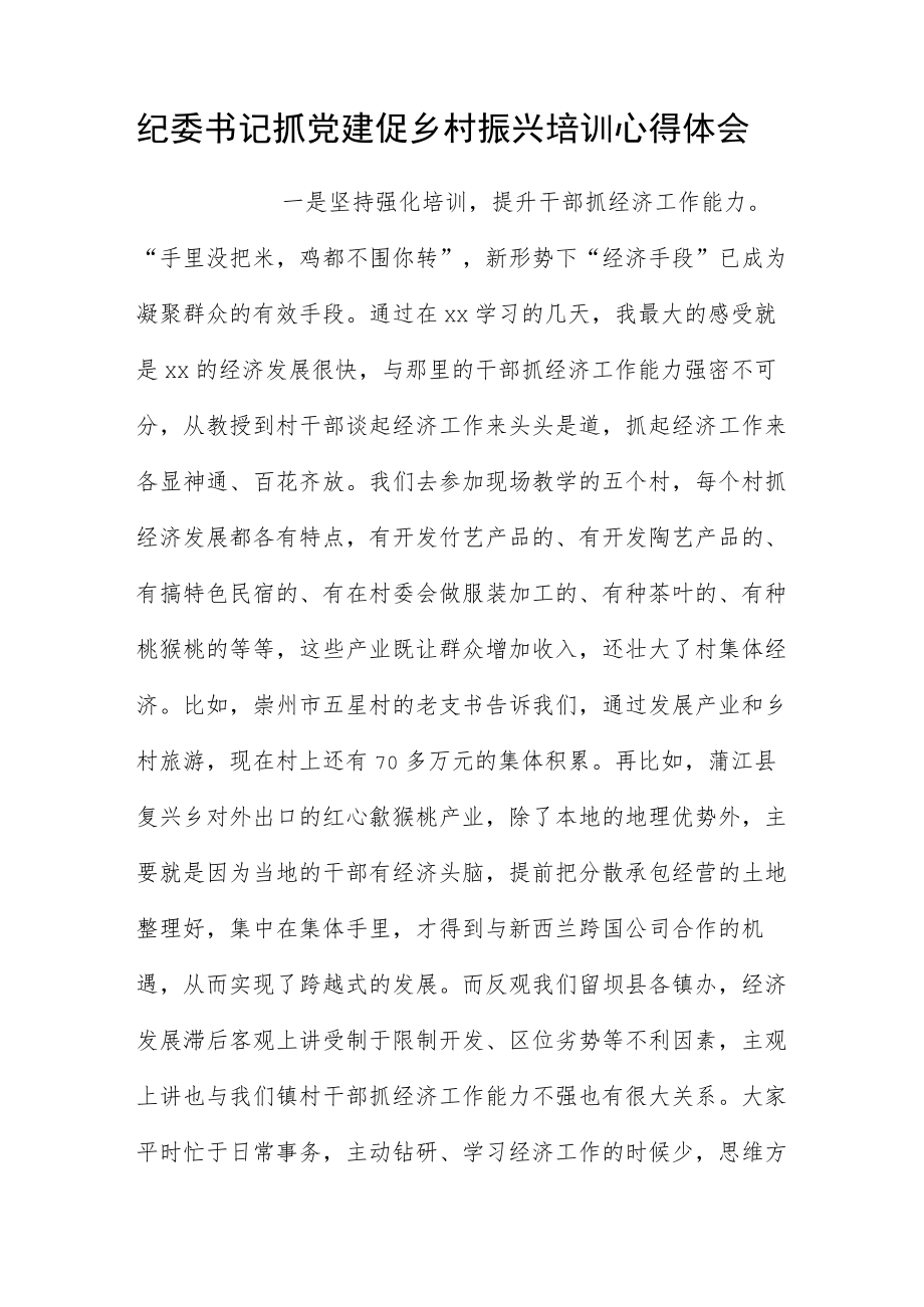 纪委书记抓党建促乡村振兴培训心得体会.docx_第1页