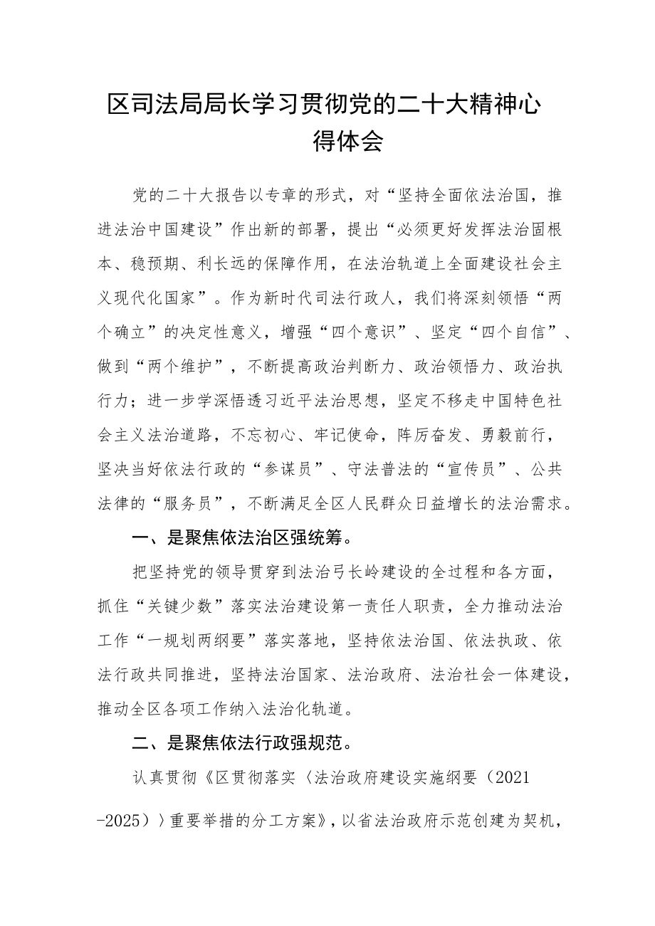 区司法局局长学习贯彻党的二十大精神心得体会.docx_第1页