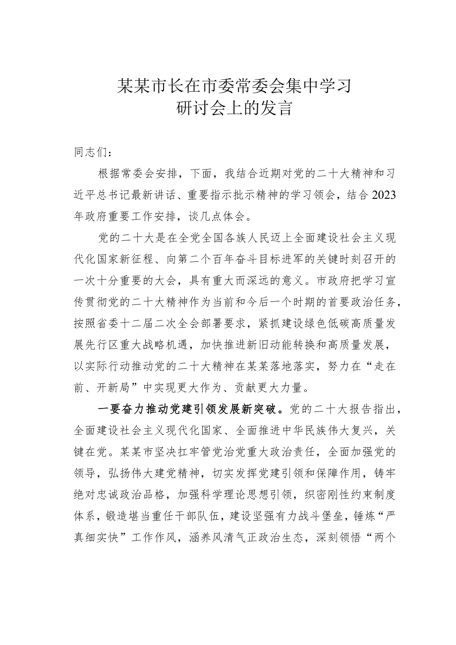 某某市长在市委常委会集中学习研讨会上的发言.docx_第1页