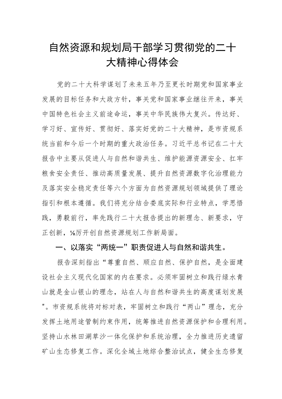 自然资源和规划局干部学习贯彻党的二十大精神心得体会.docx_第1页