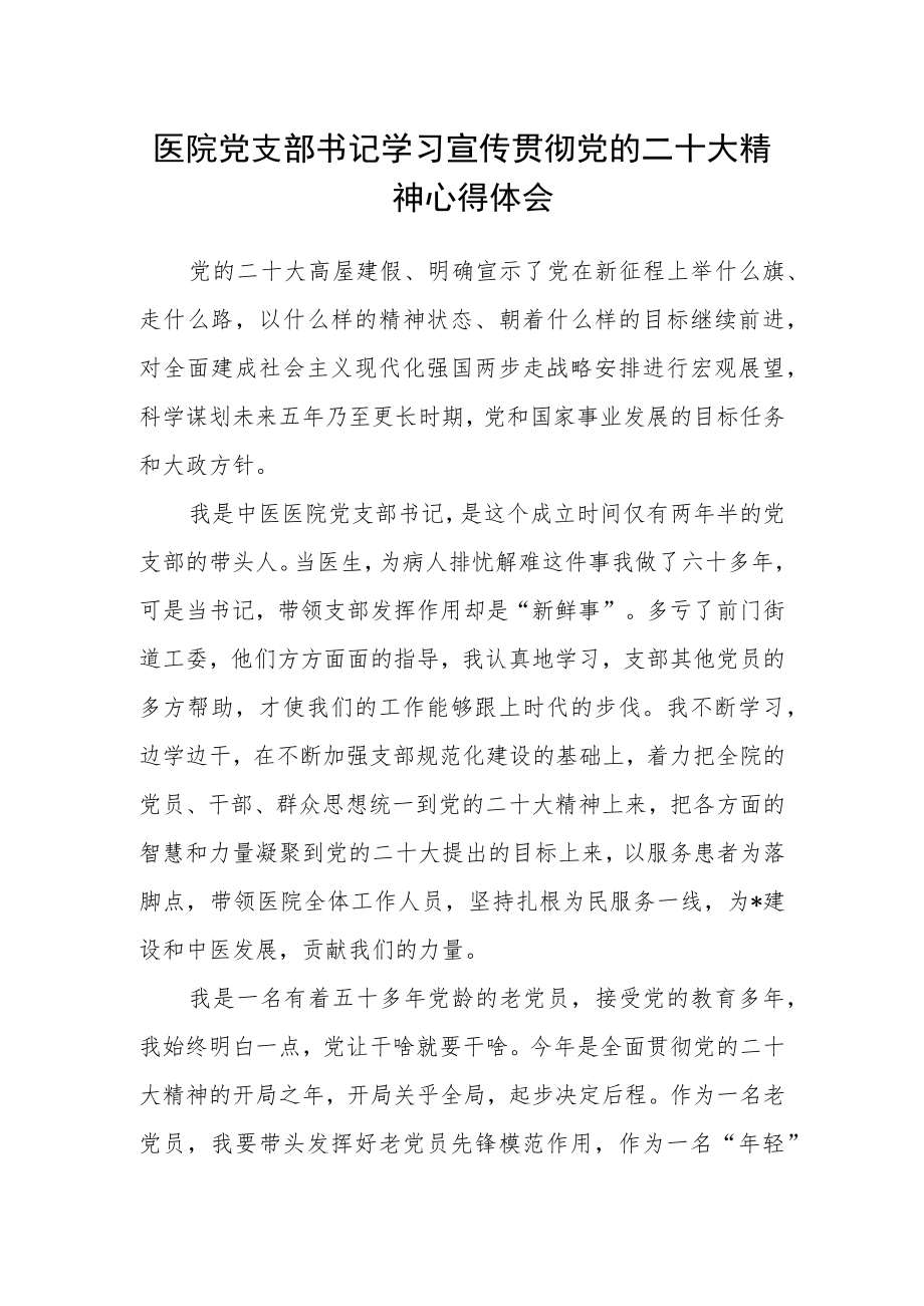 医院党支部书记学习宣传贯彻党的二十大精神心得体会.docx_第1页