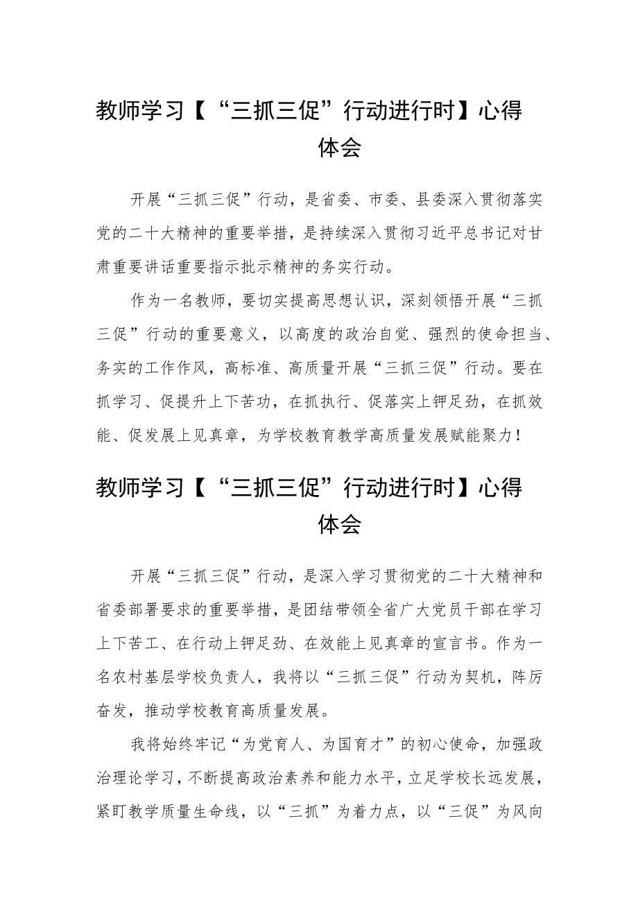 教师学习“三抓三促”行动进行时心得体会通用3篇.docx_第1页