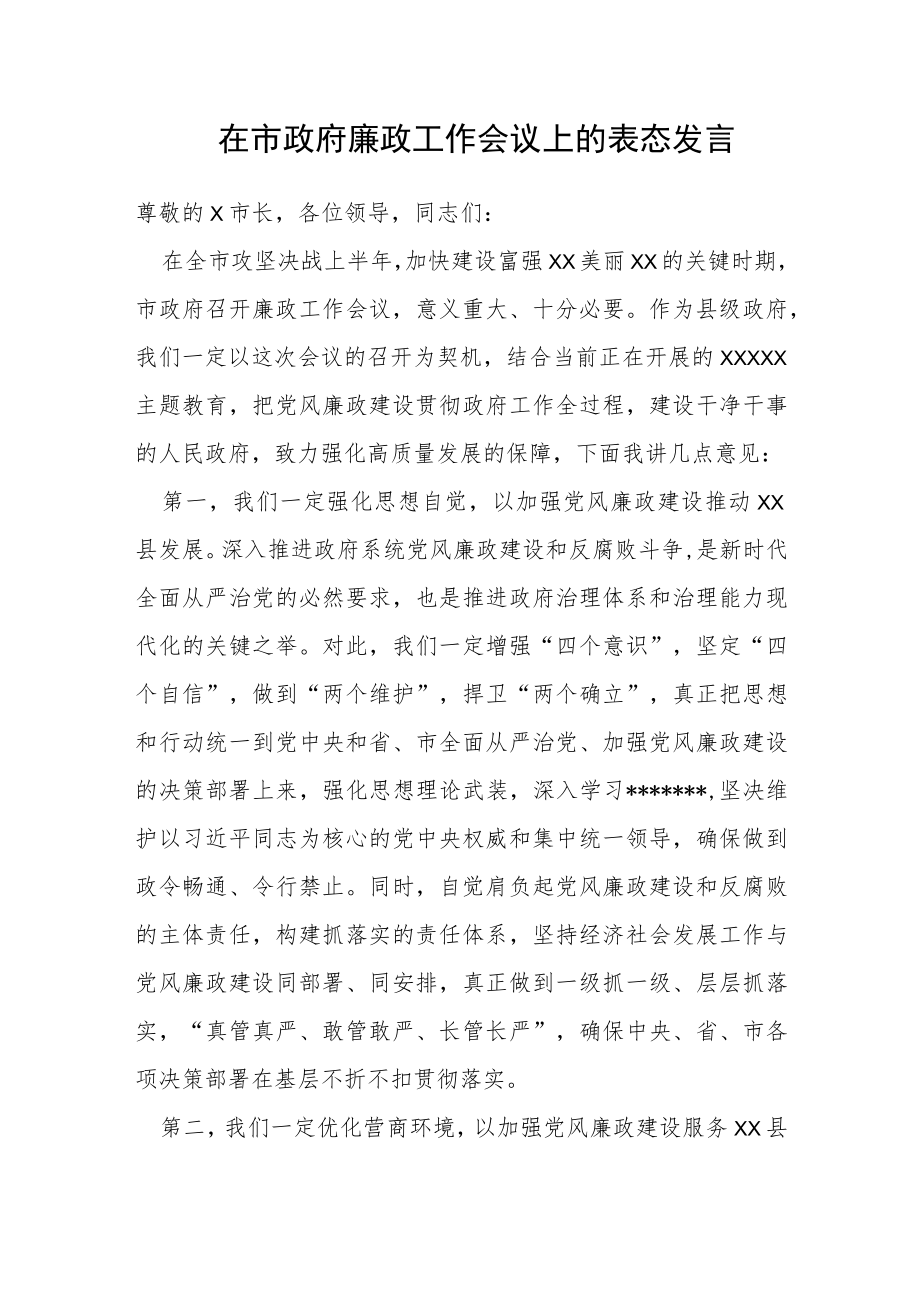 在市政府廉政工作会议上的表态发言.docx_第1页