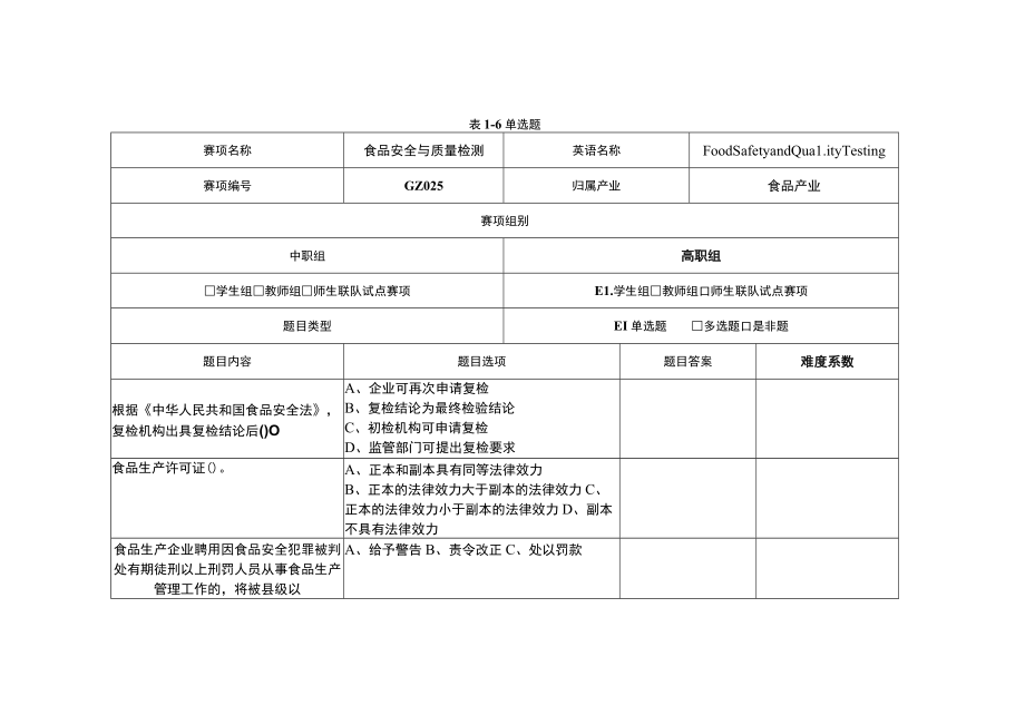 GZ025 食品安全与质量检测赛题第6套-2023年全国职业院校技能大赛拟设赛项赛题完整版（10套）.docx_第1页