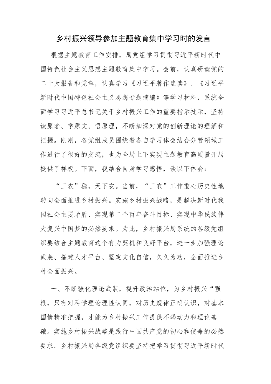 领导干部参加主题教育集中学习时的发言材料范文2篇.docx_第1页