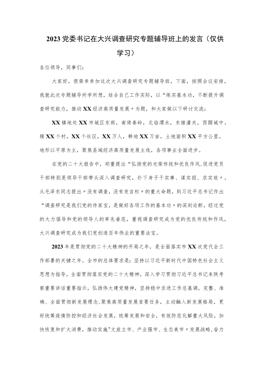 2023党委书记在大兴调查研究专题辅导班上的发言.docx_第1页