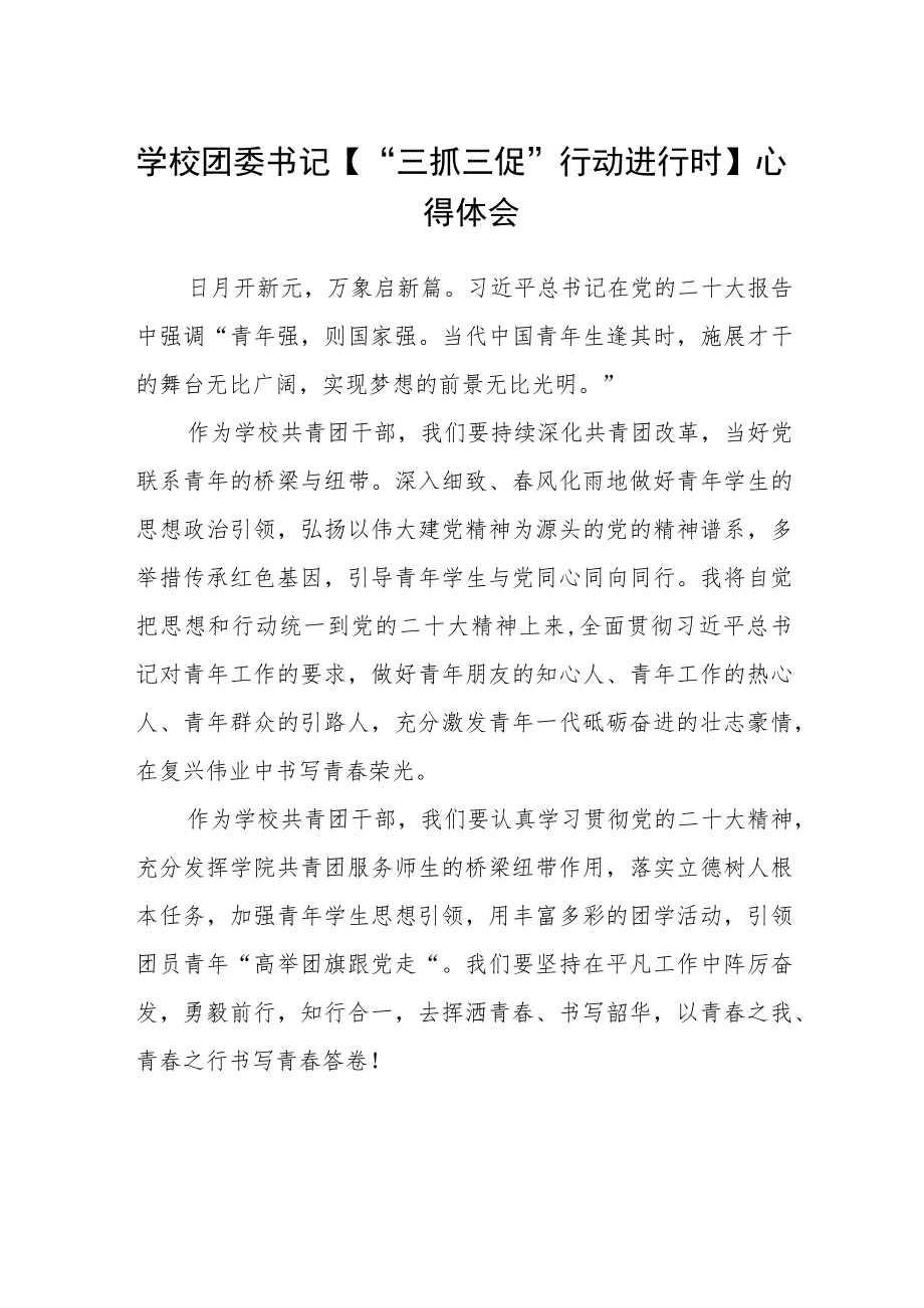 （共三篇）学校团委书记【“三抓三促”行动进行时】心得体会.docx_第1页