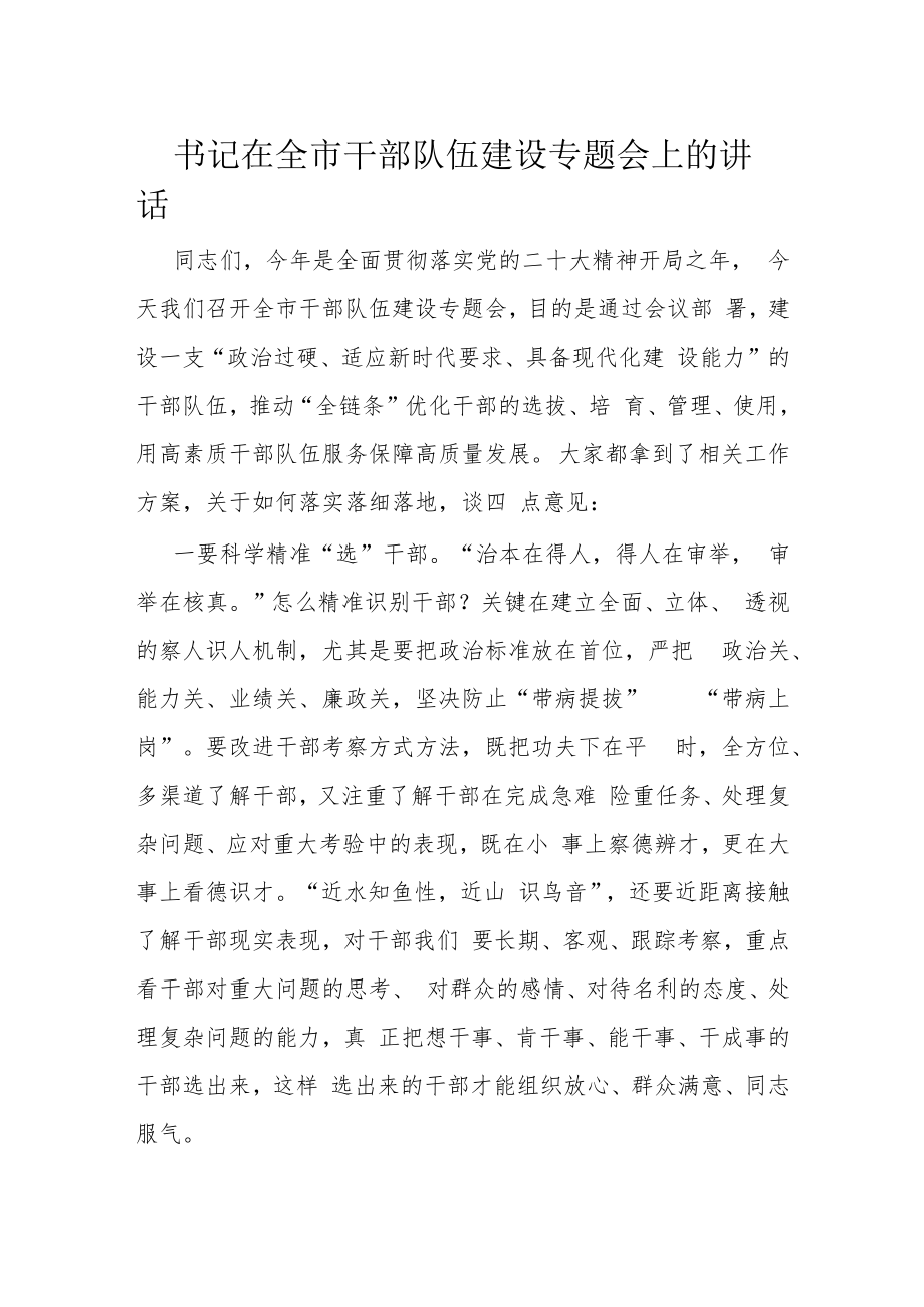 书记在全市干部队伍建设专题会上的讲话.docx_第1页