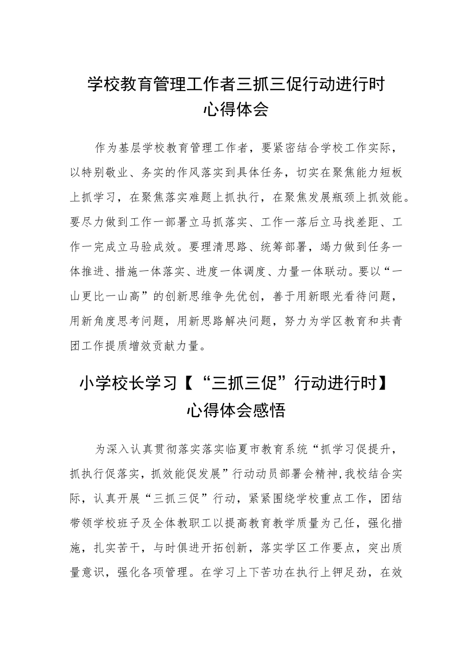 （共三篇）学校教育管理工作者三抓三促行动进行时心得体会.docx_第1页