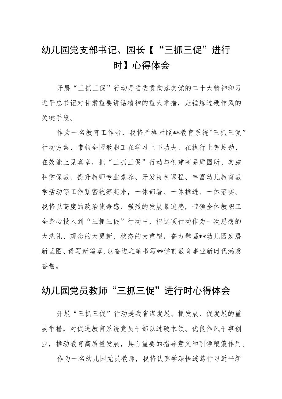 （共三篇）幼儿园党支部书记、园长【“三抓三促”进行时】心得体会.docx_第1页