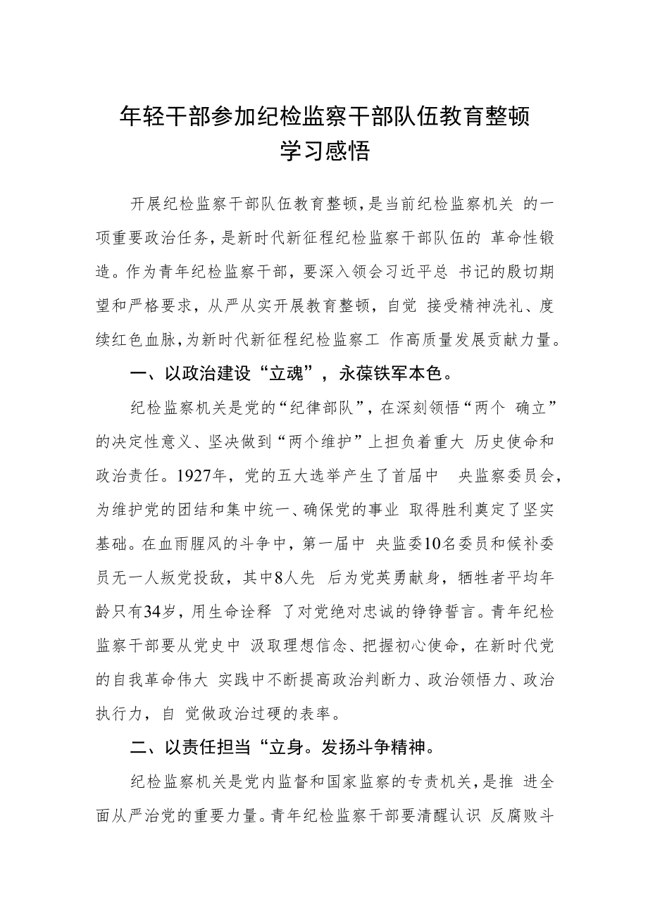 年轻干部参加纪检监察干部队伍教育整顿学习感悟范文(三篇).docx_第1页