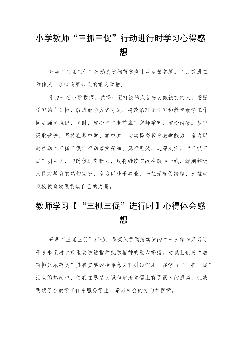 （共三篇）小学教师“三抓三促”行动进行时学习心得感想.docx_第1页