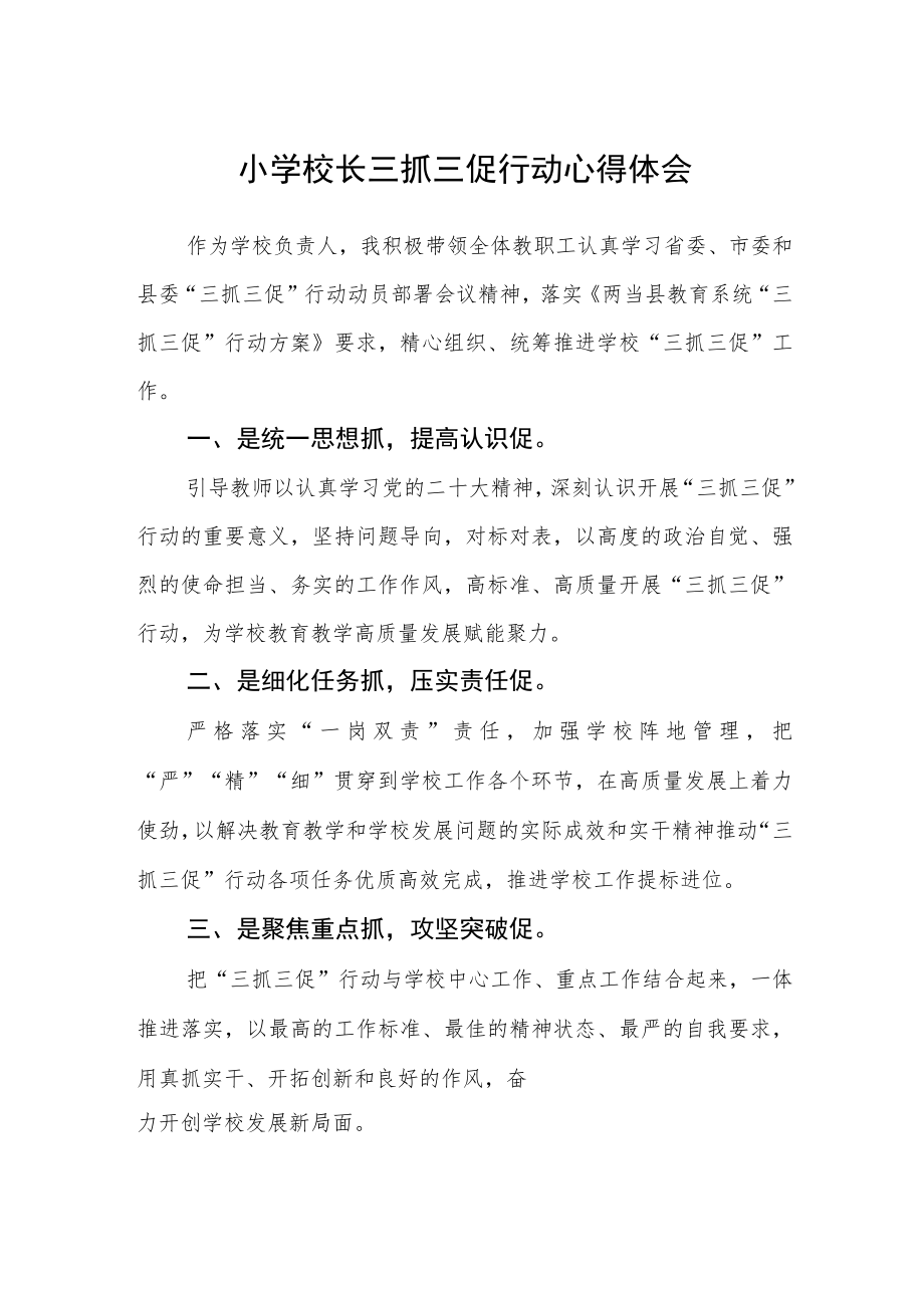 （共三篇）小学校长三抓三促行动心得体会.docx_第1页