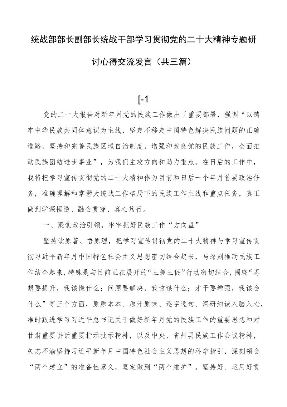 统战部部长副部长统战干部学习贯彻党的二十大精神专题研讨心得交流发言（共三篇）.docx_第1页