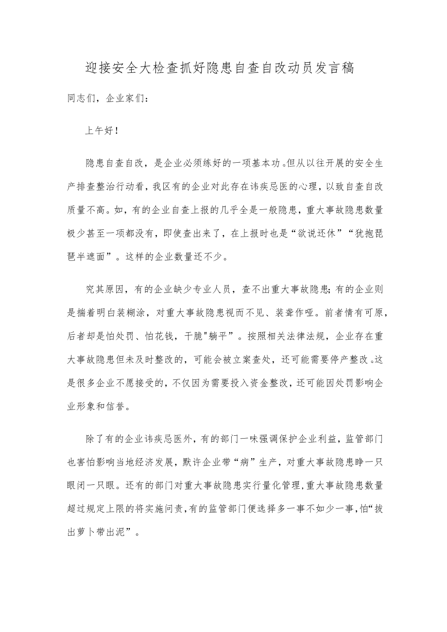 迎接安全大检查抓好隐患自查自改动员发言稿.docx_第1页