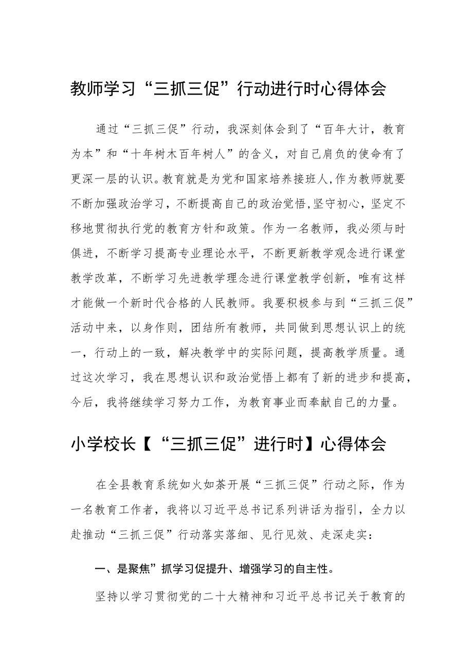 （共三篇）教师学习“三抓三促”行动进行时心得体会范文.docx_第1页