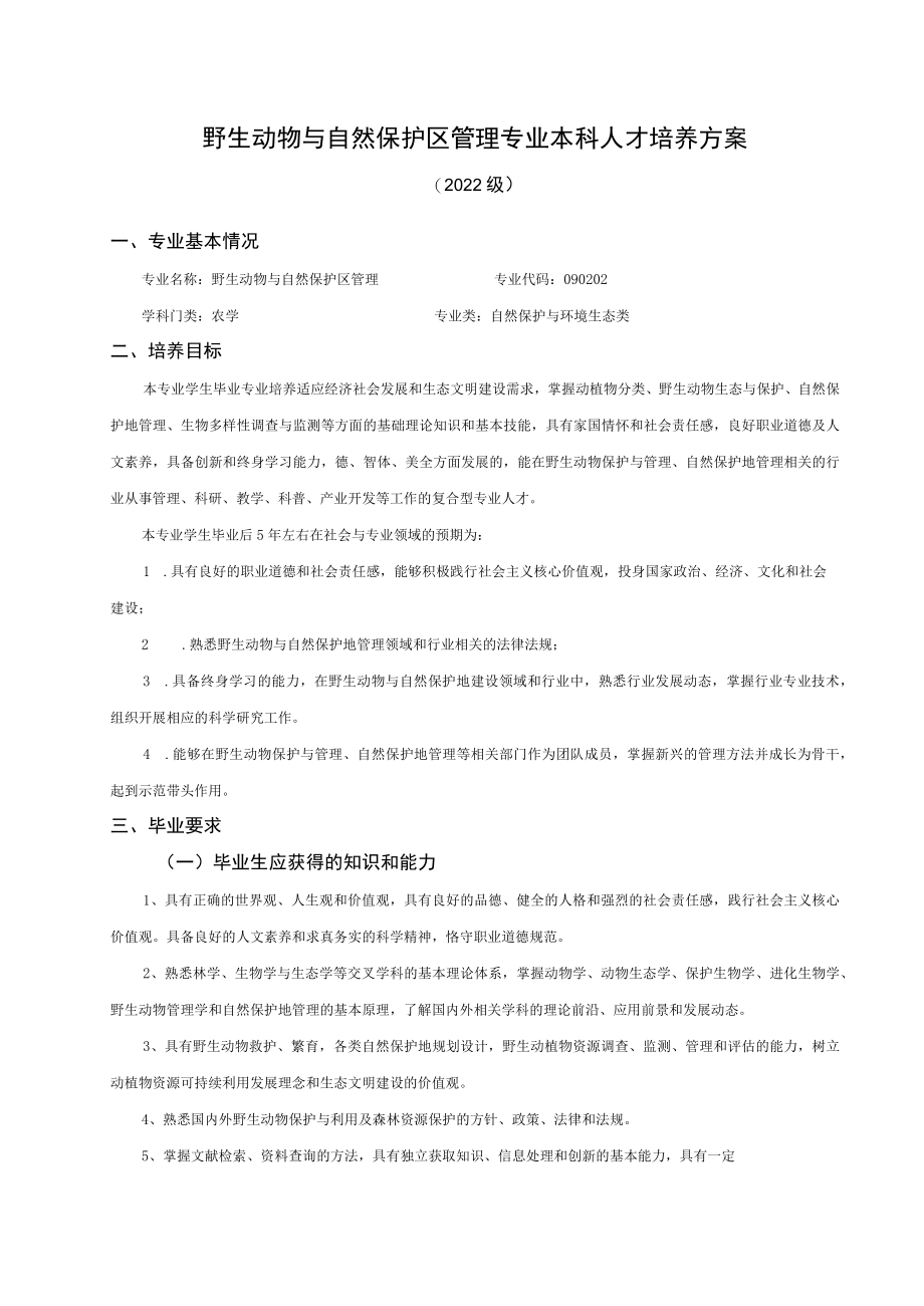 野生动物与自然保护区管理专业本科人才培养方案.docx_第1页