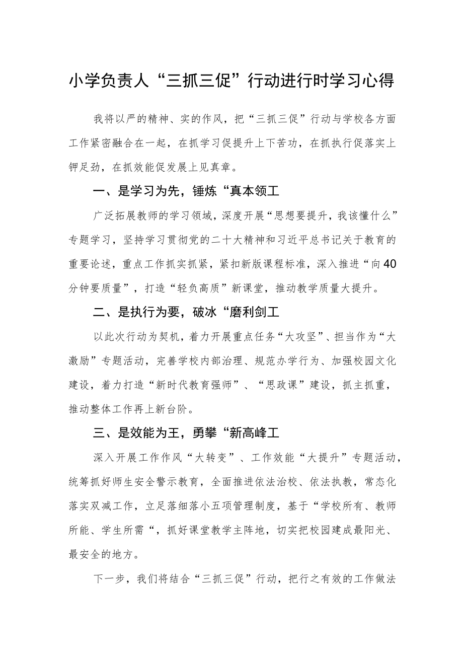 （共三篇）小学负责人“三抓三促”行动进行时学习心得.docx_第1页