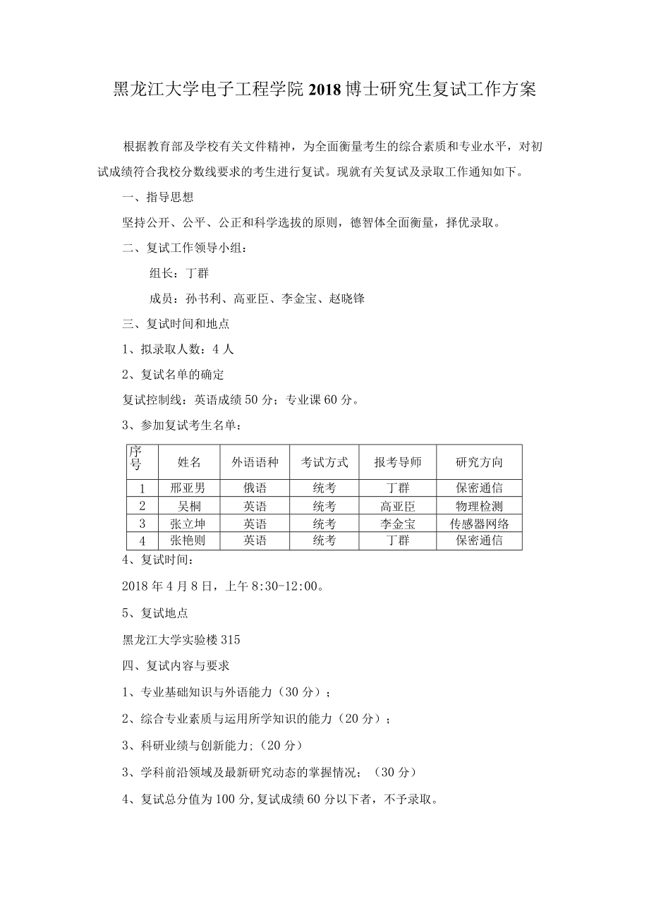 黑龙江大学电子工程学院2018博士研究生复试工作方案.docx_第1页