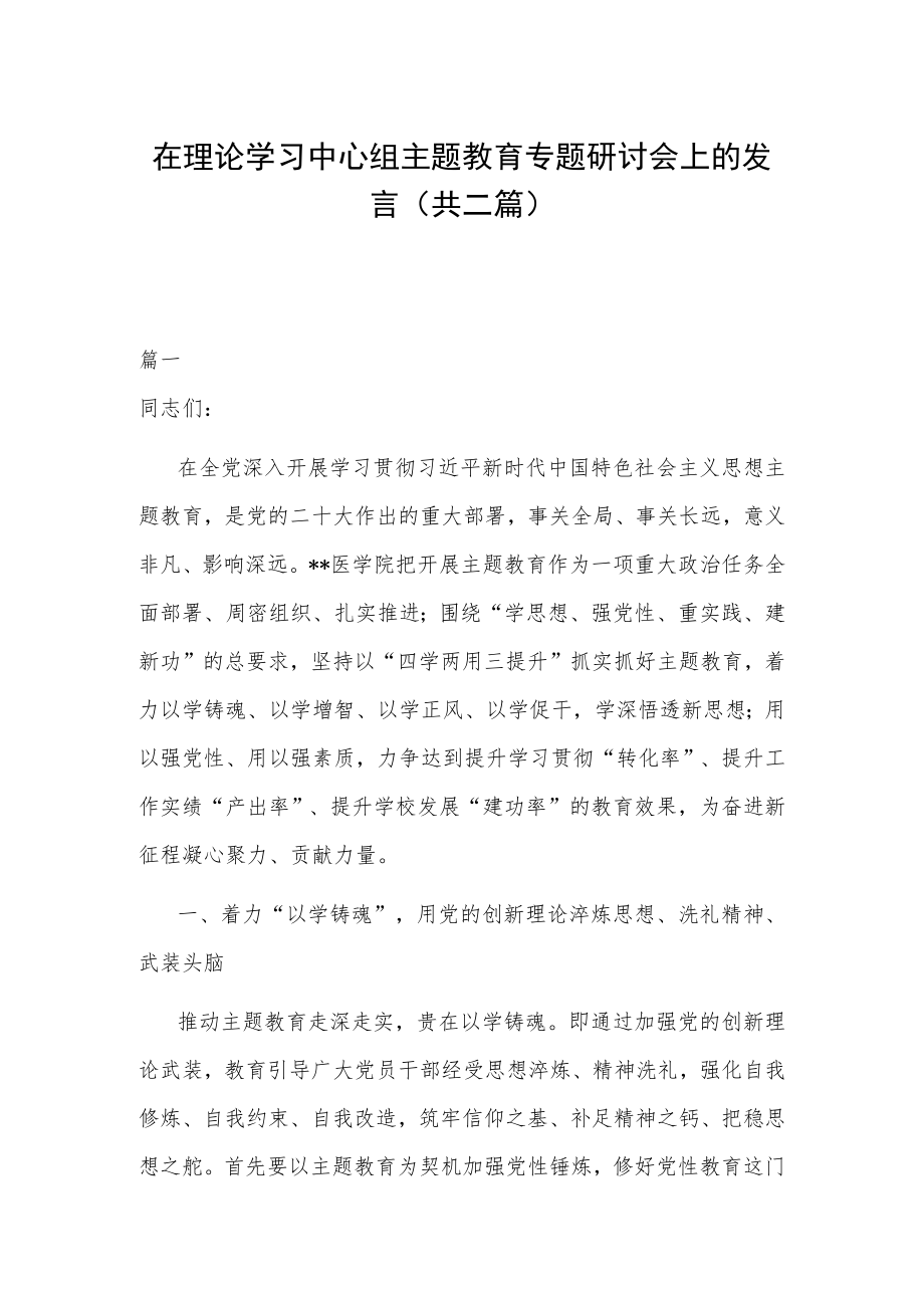 在理论学习中心组主题教育专题研讨会上的发言(共二篇).docx_第1页