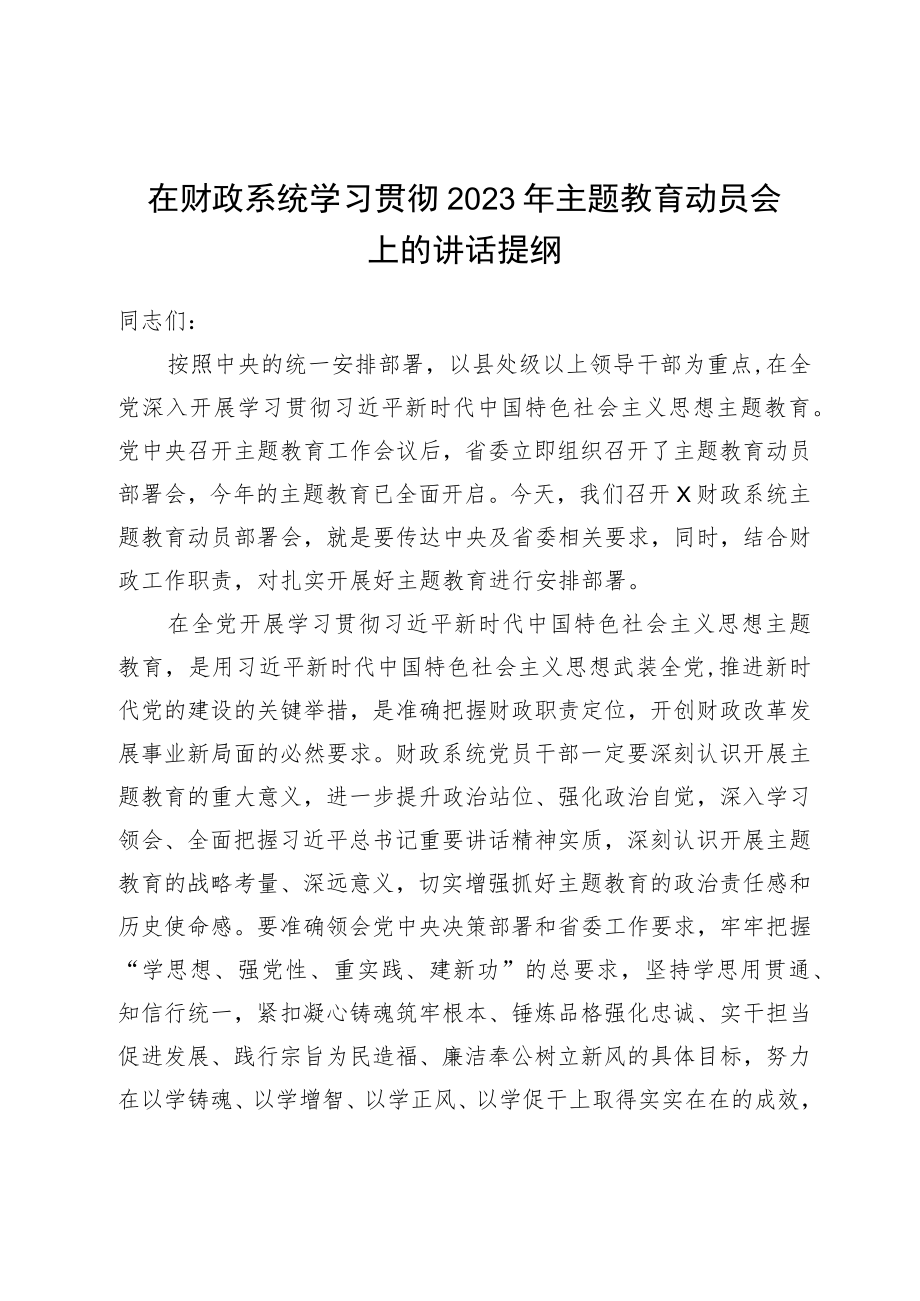 在财政系统学习贯彻2023年主题教育动员会上的讲话提纲.docx_第1页