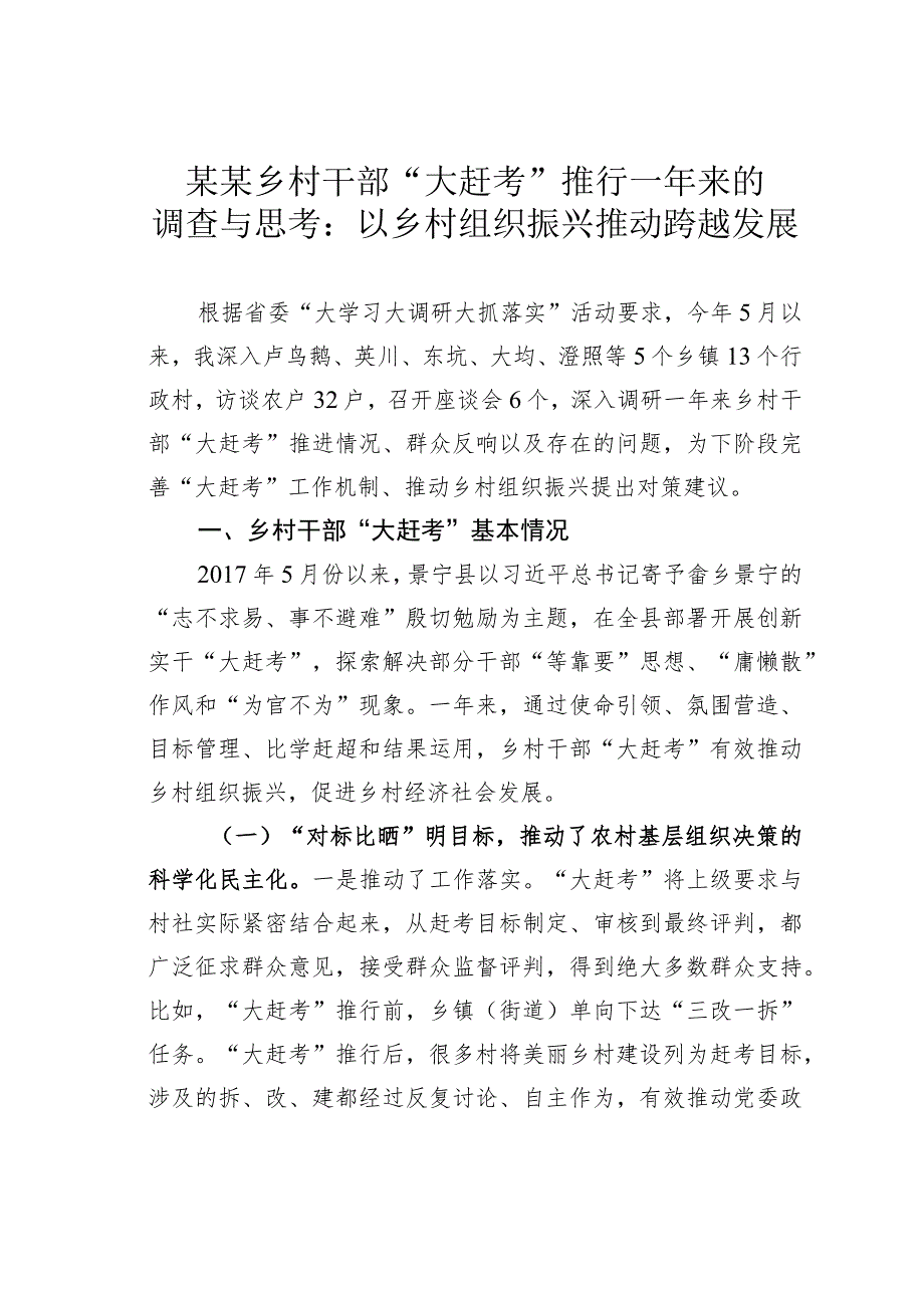 某某乡村干部“大赶考”推行一年来的调查与思考：以乡村组织振兴推动跨越发展.docx_第1页