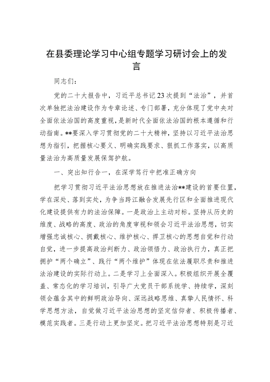 在县委理论学习中心组专题学习研讨会上的发言.docx_第1页