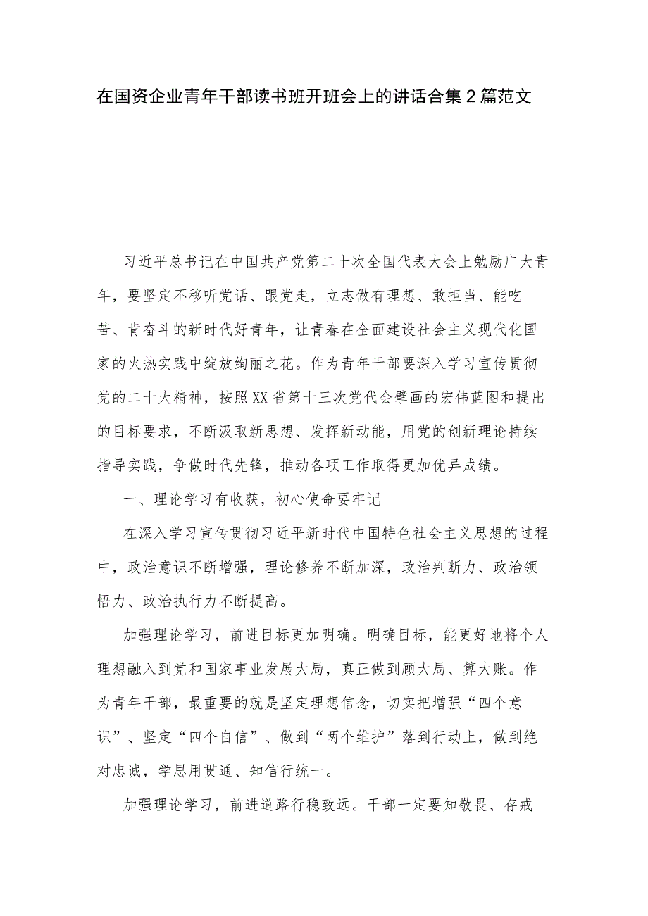 在国资企业青年干部读书班开班会上的讲话合集2篇范文.docx_第1页