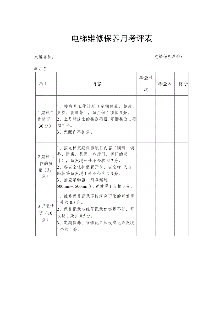 某企业电梯维修保养月考评表(doc 2页).docx_第1页