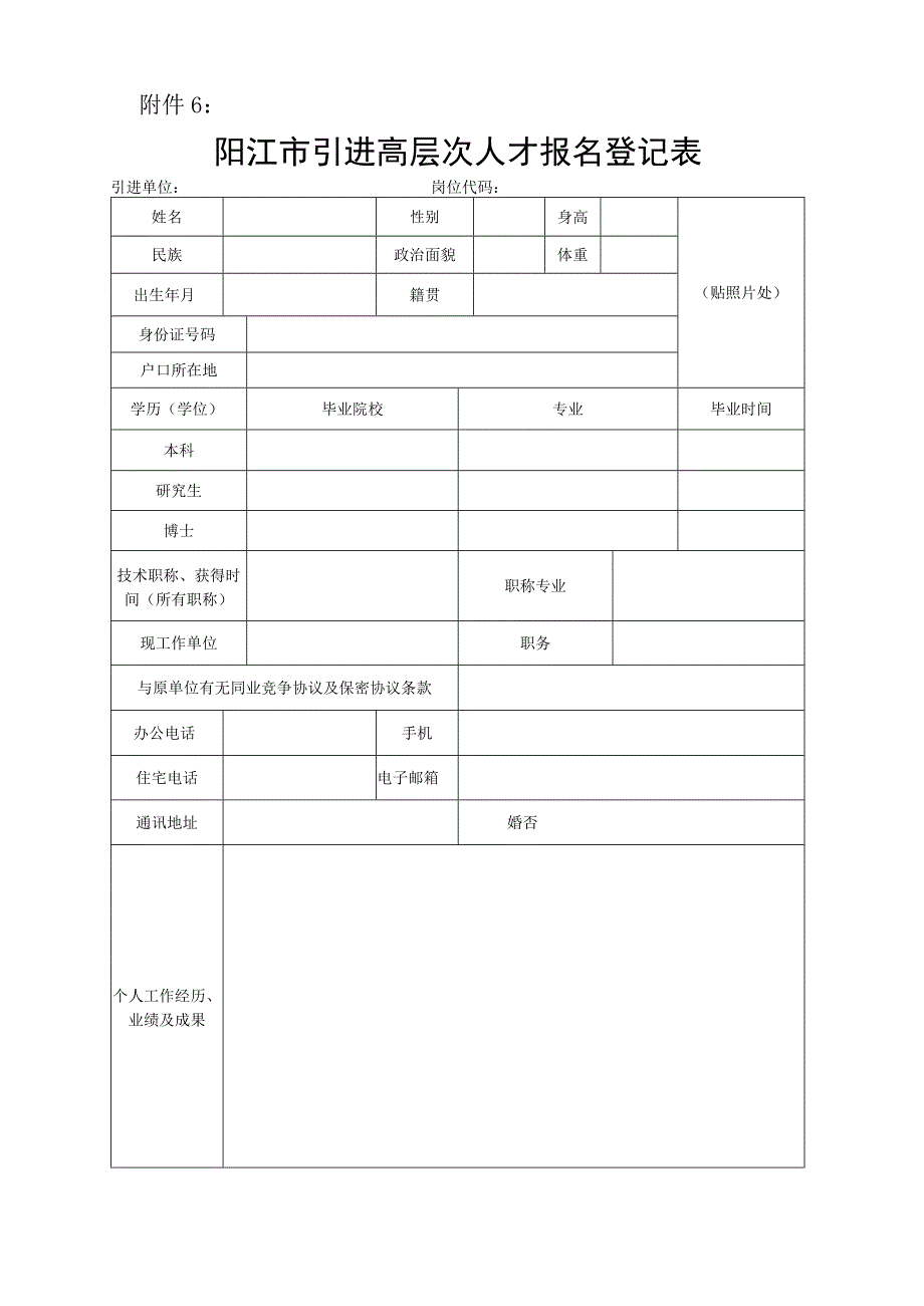 阳江市引进高层次人才报名登记表.docx_第1页