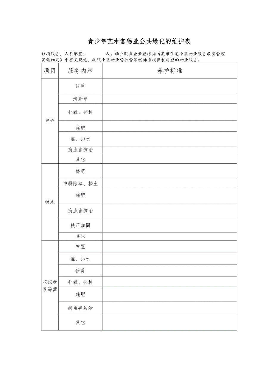 青少年艺术宫物业公共绿化的维护表.docx_第1页