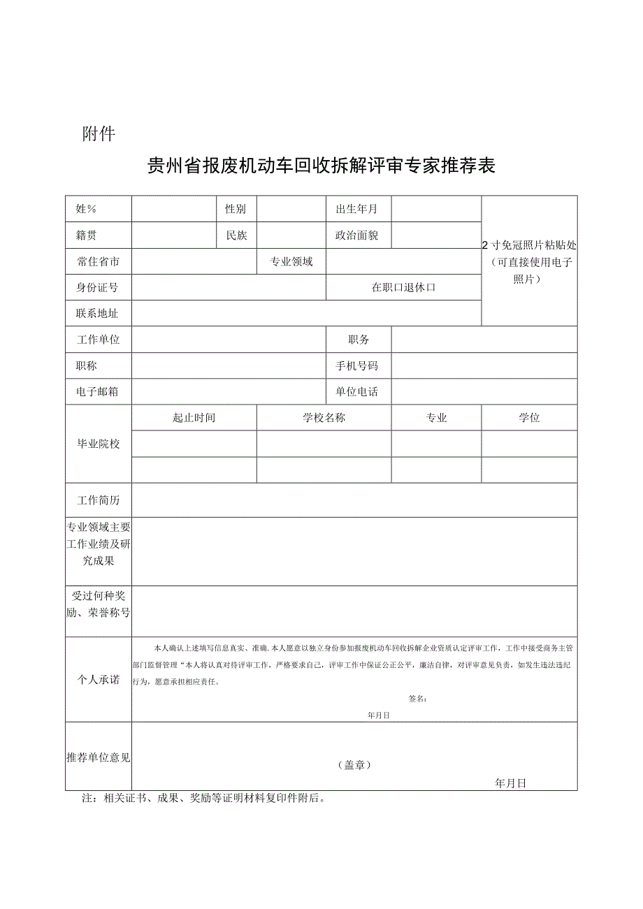 贵州省报废机动车回收拆解评审专家推荐表.docx_第1页