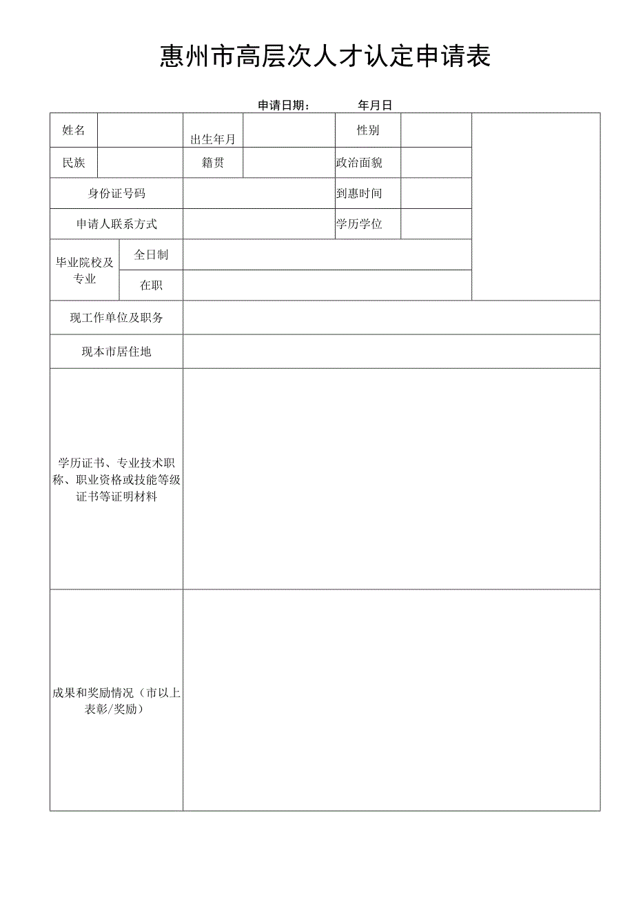 惠州市高层次人才认定申请表.docx_第1页