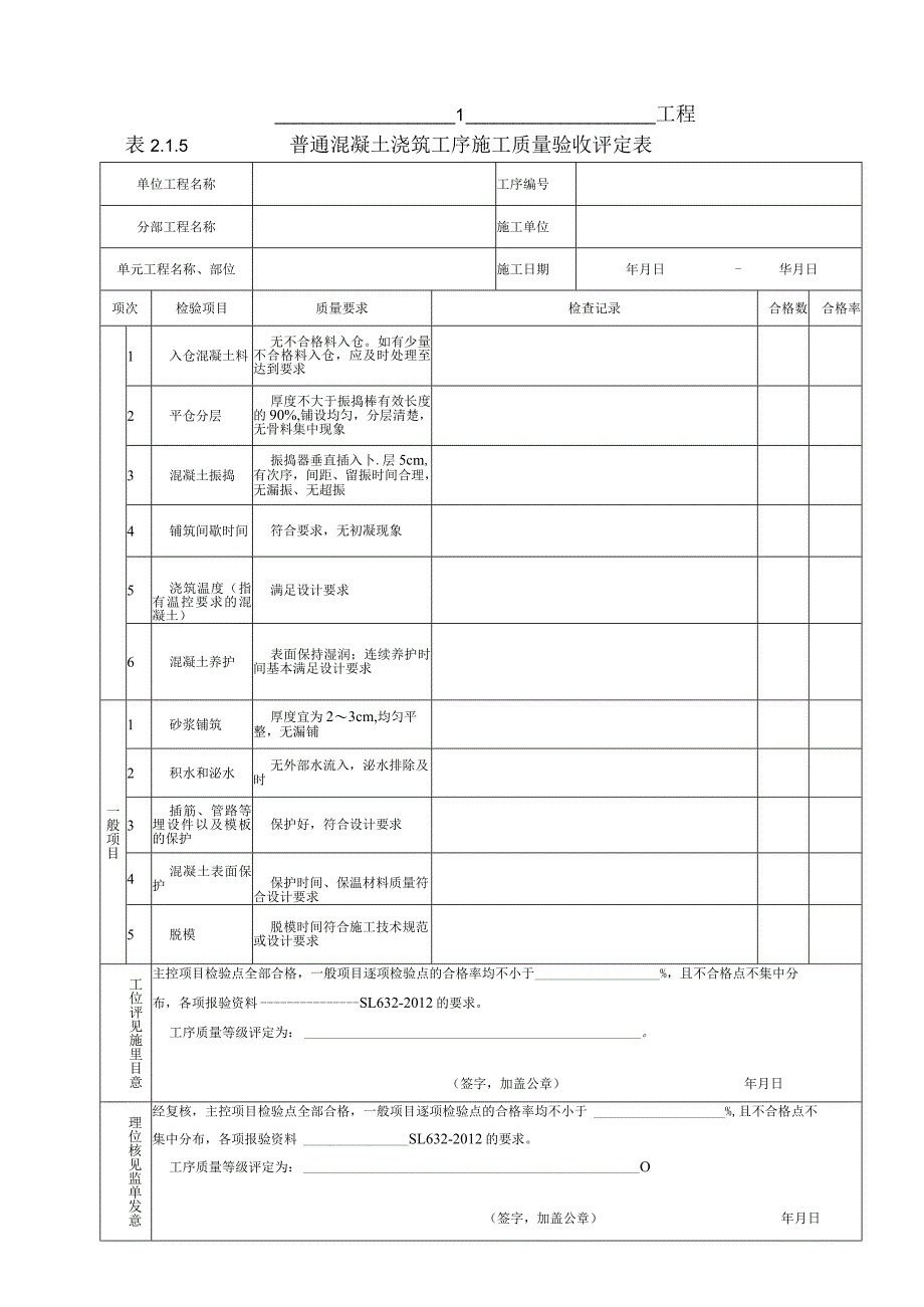 普通混凝土浇筑工序施工质量验收评定表.docx_第1页