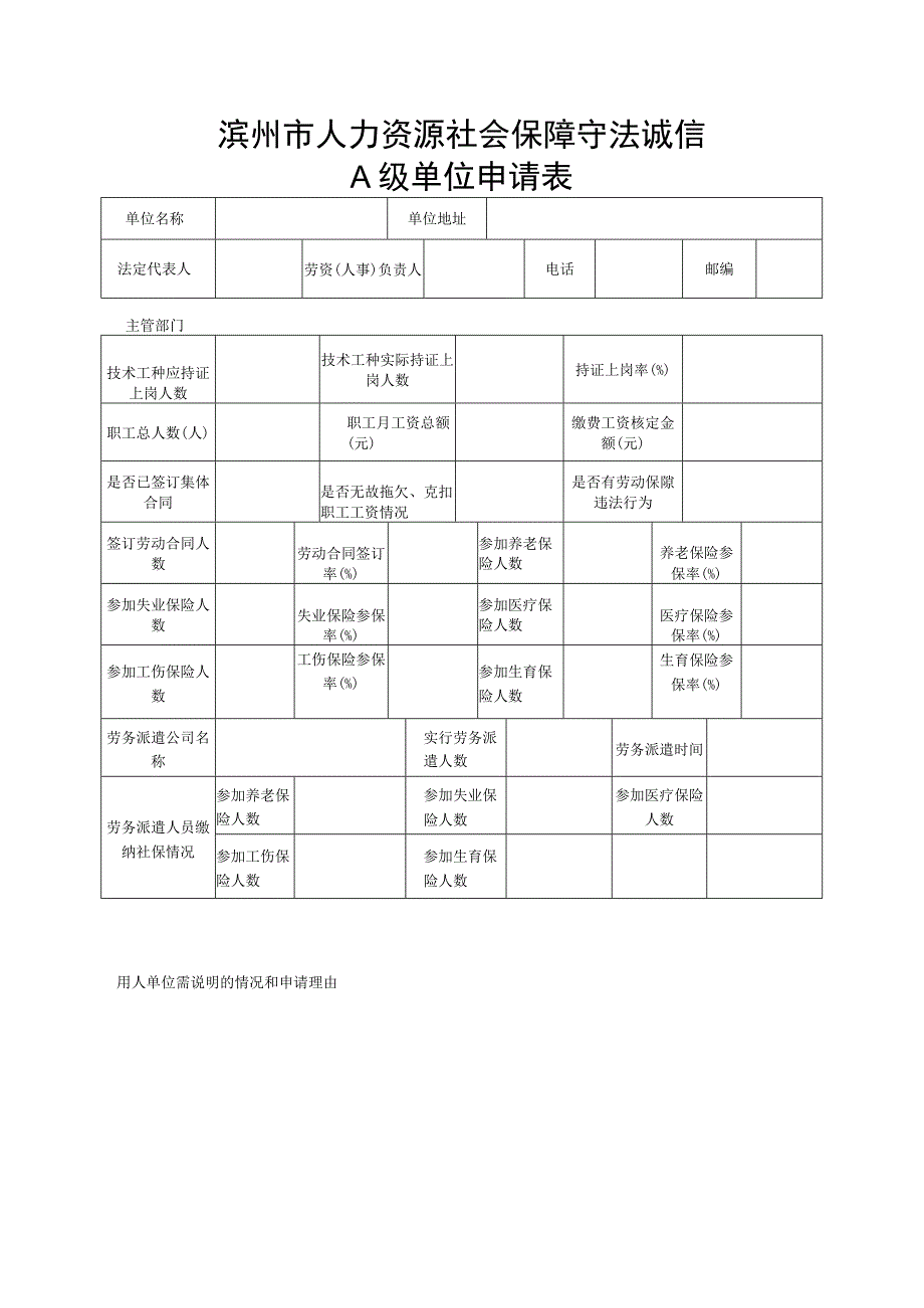 滨州市人力资源社会保障守法诚信A级单位申请表.docx_第1页