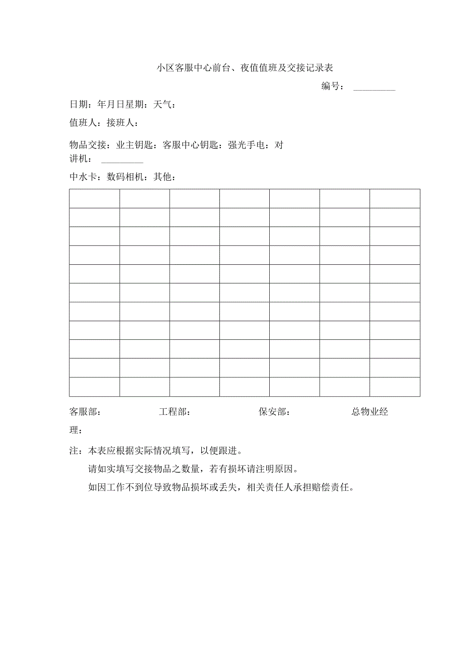 小区客服中心前台夜值值班及交接记录表.docx_第1页