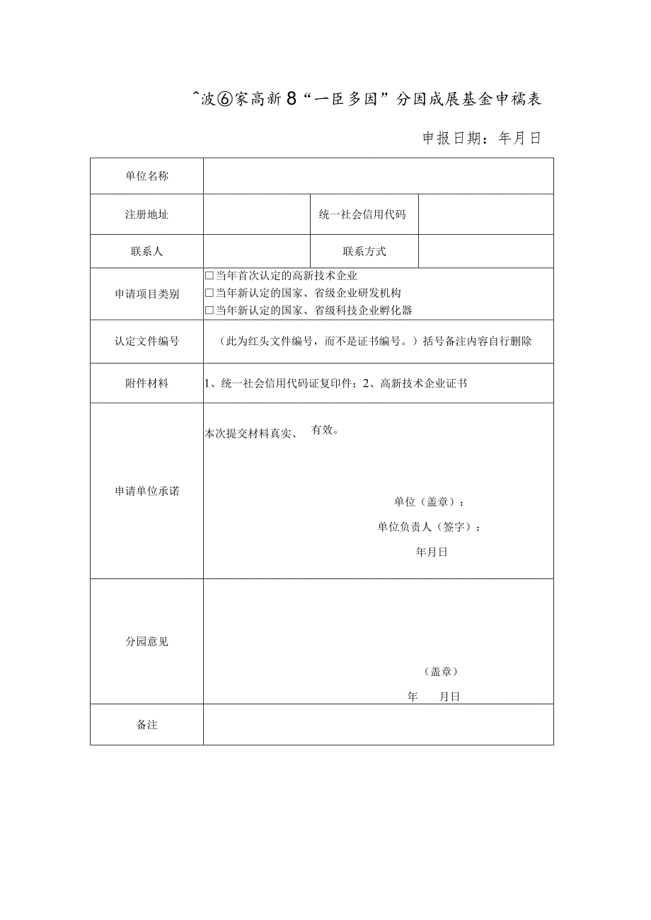 宁波国家高新区“一区多园”分园发展基金申请表.docx_第1页