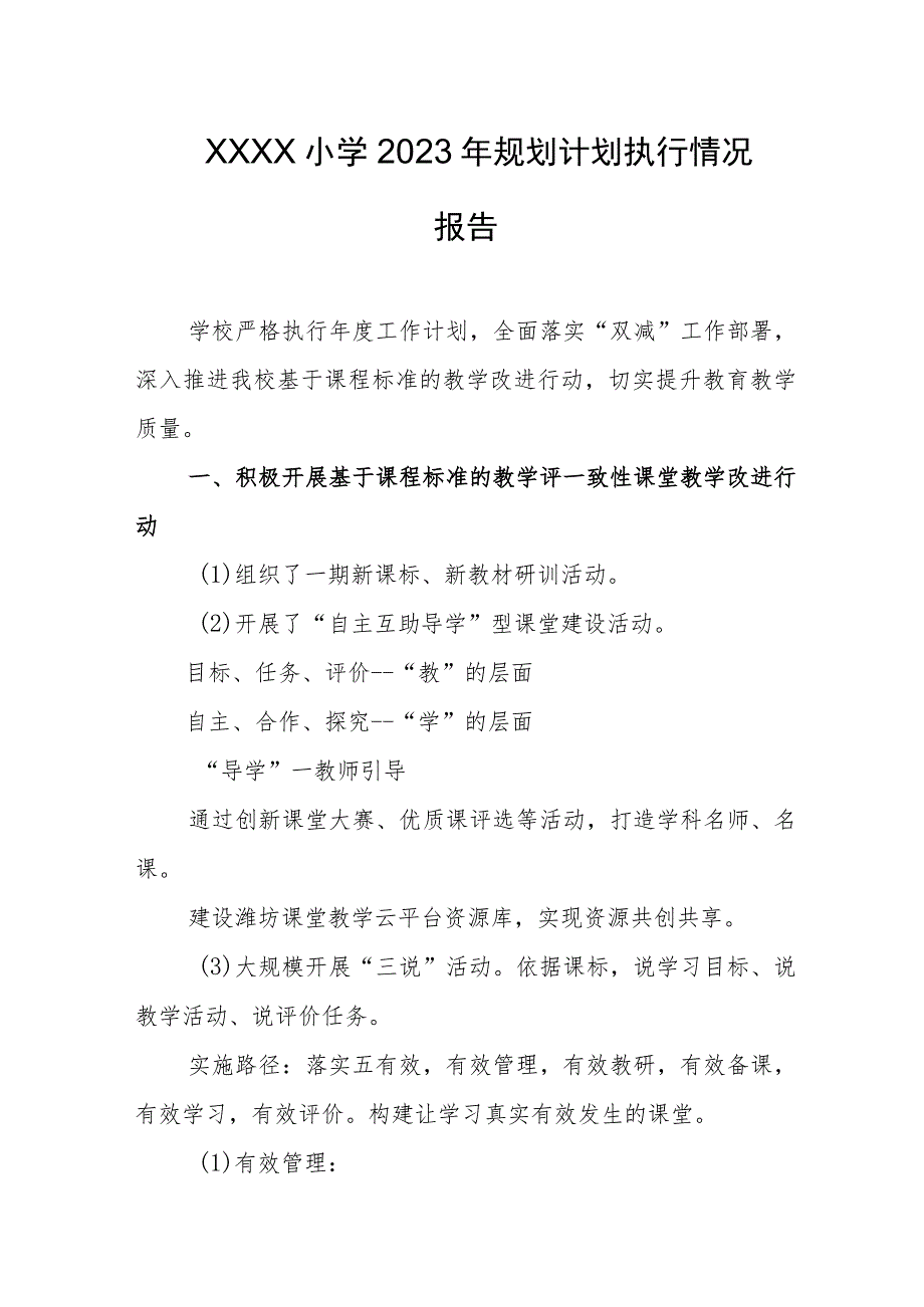 小学2023年规划计划执行情况报告.docx_第1页