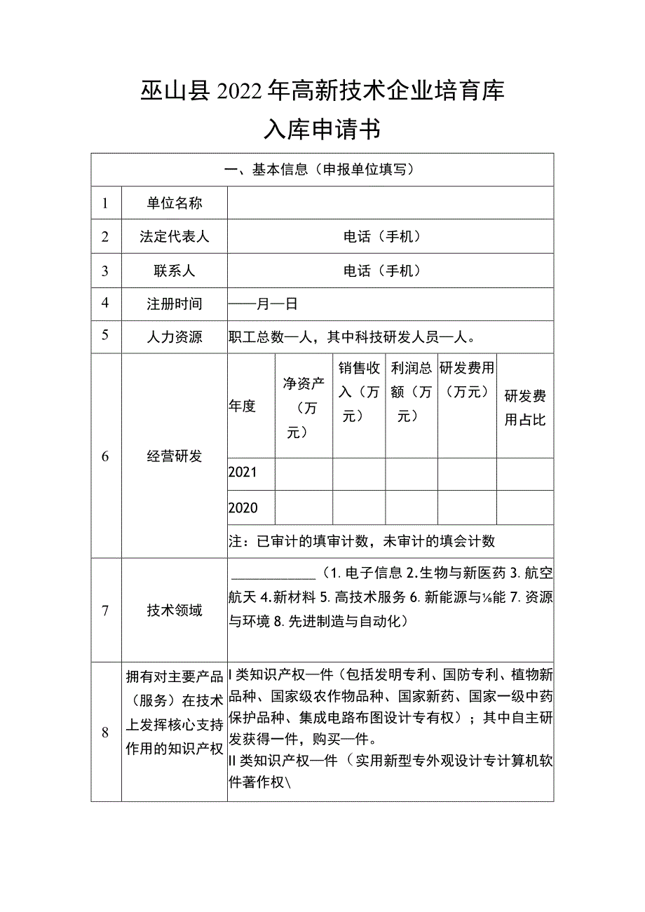 巫山县2022年高新技术企业培育库入库申请书.docx_第1页