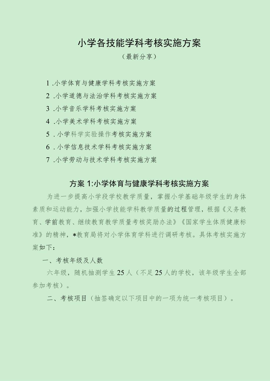 小学各技能学科考核实施方案（最新分享）.docx_第1页