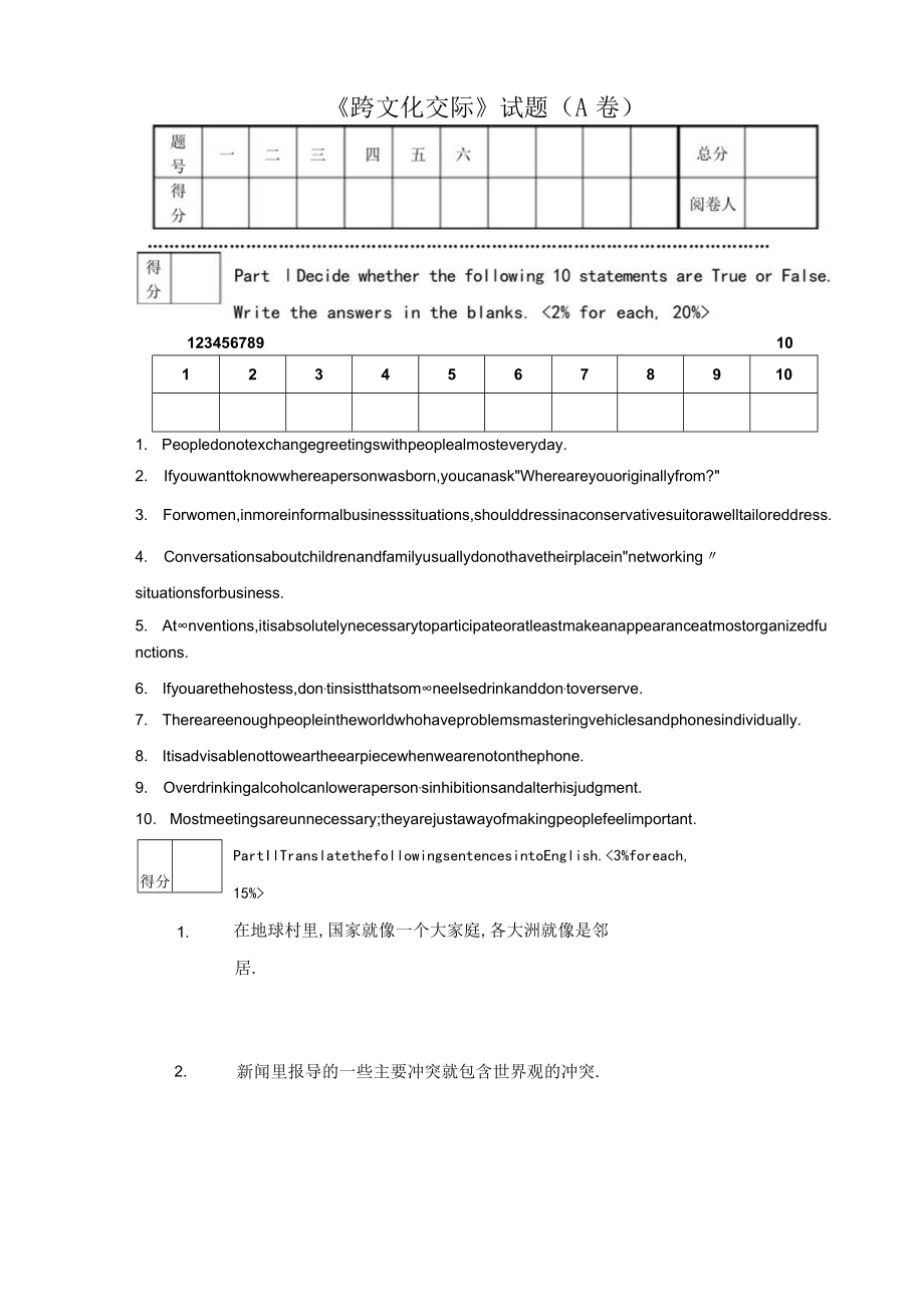 -跨文化交际试卷A及答案.docx_第1页