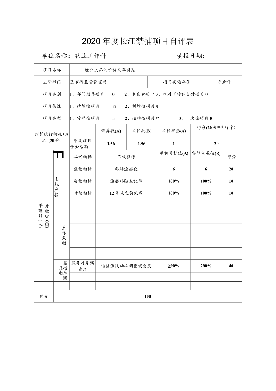 2020年度长江禁捕项目自评表单位名称农业工作科填报日期.docx_第1页